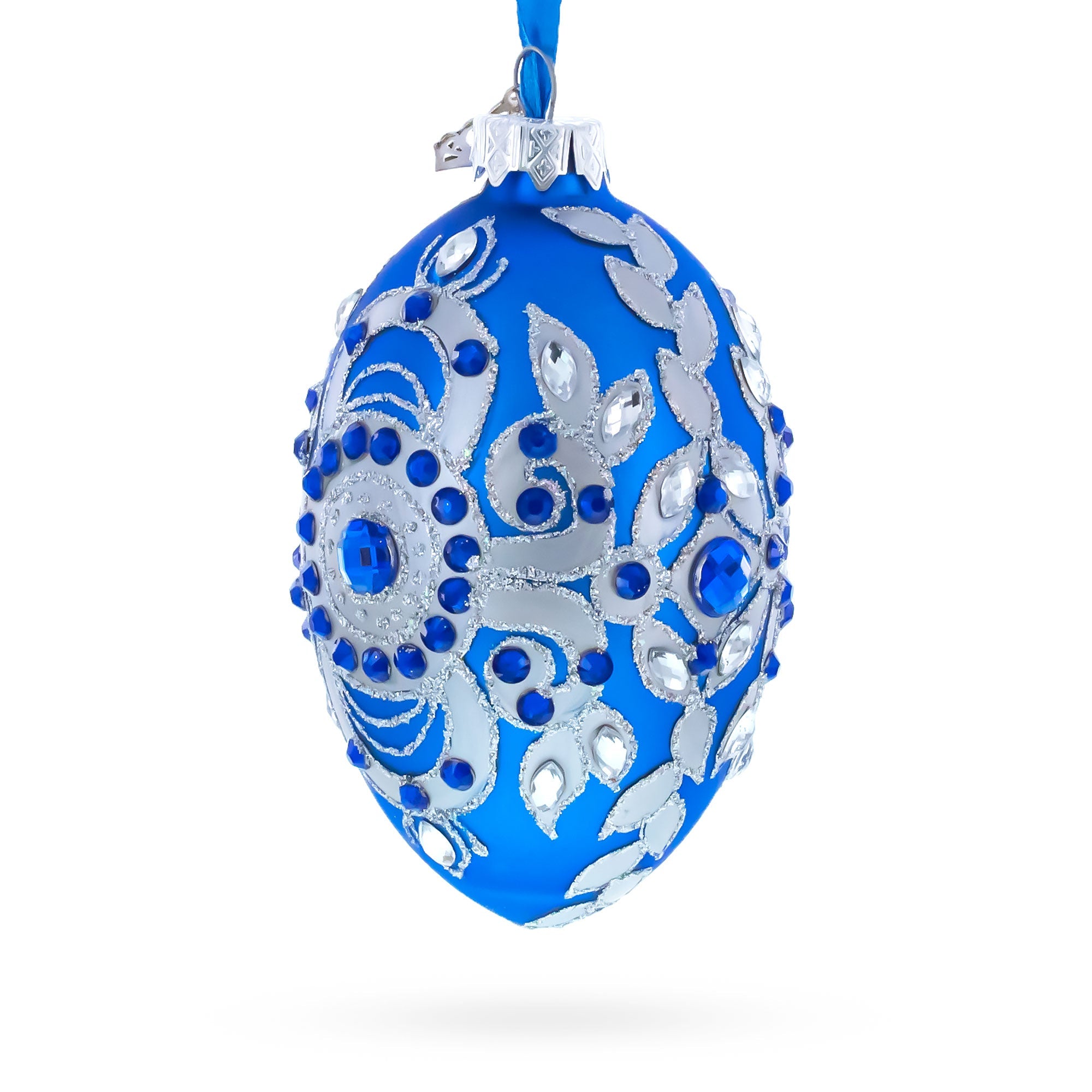 Silver on Blue Glass Egg Christmas Ornament 4 Inches BestPysanky