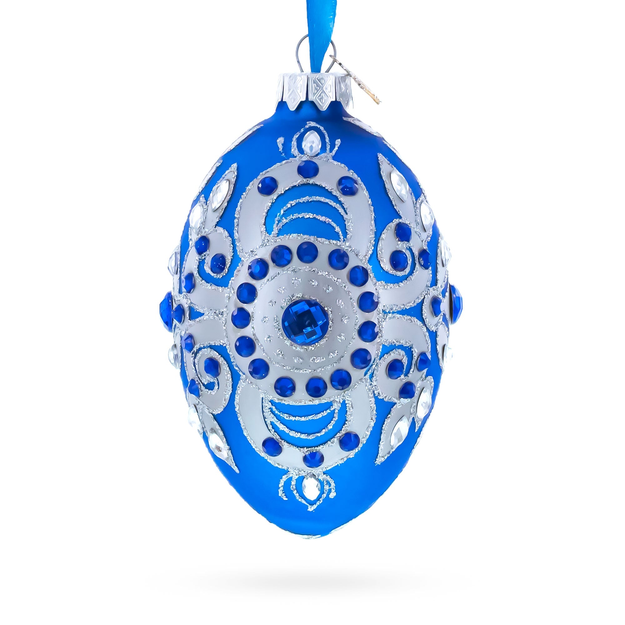 Silver on Blue Glass Egg Christmas Ornament 4 Inches BestPysanky