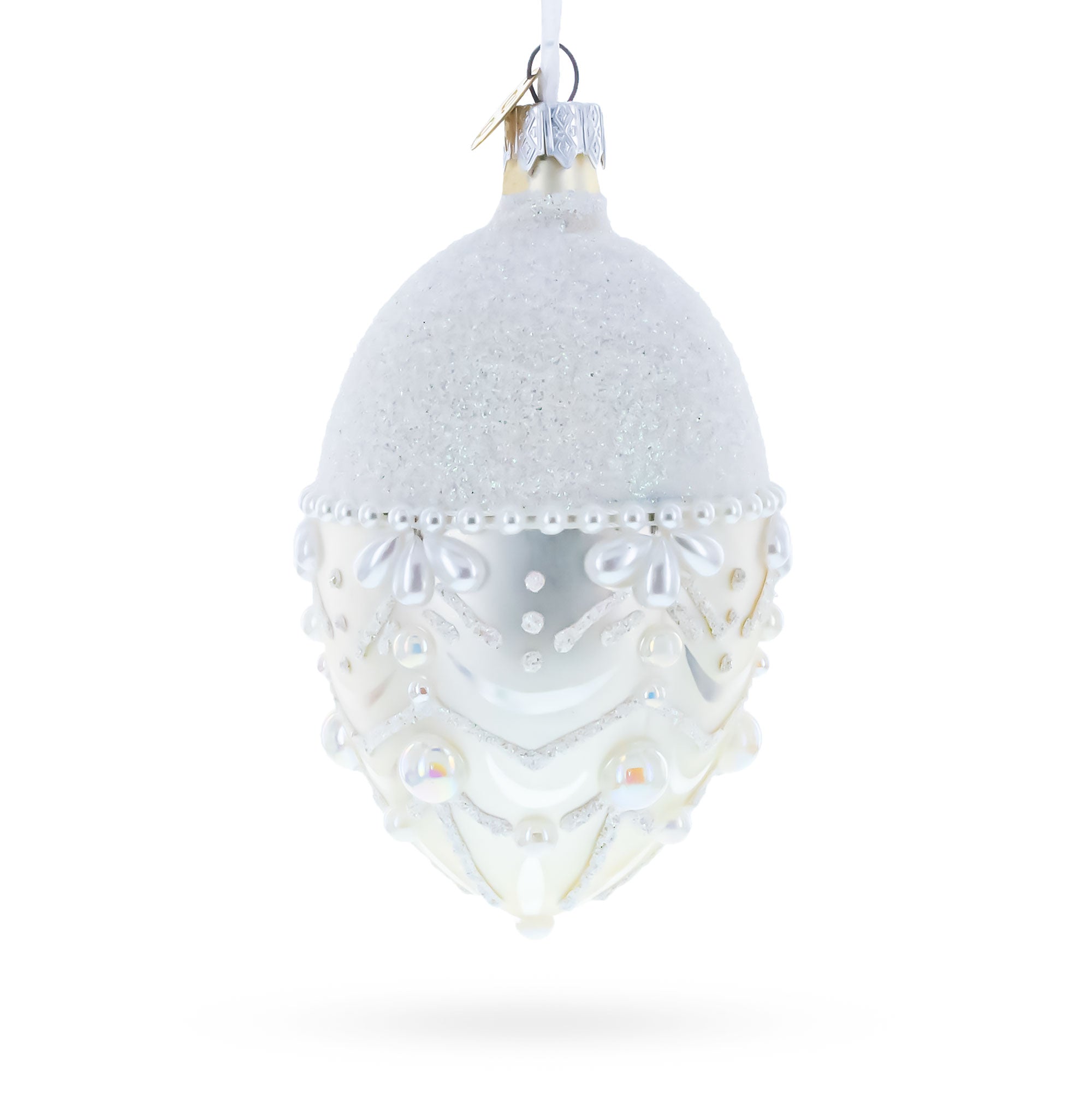 White Pearls on Frozen Glass Egg Christmas Ornament 4 Inches