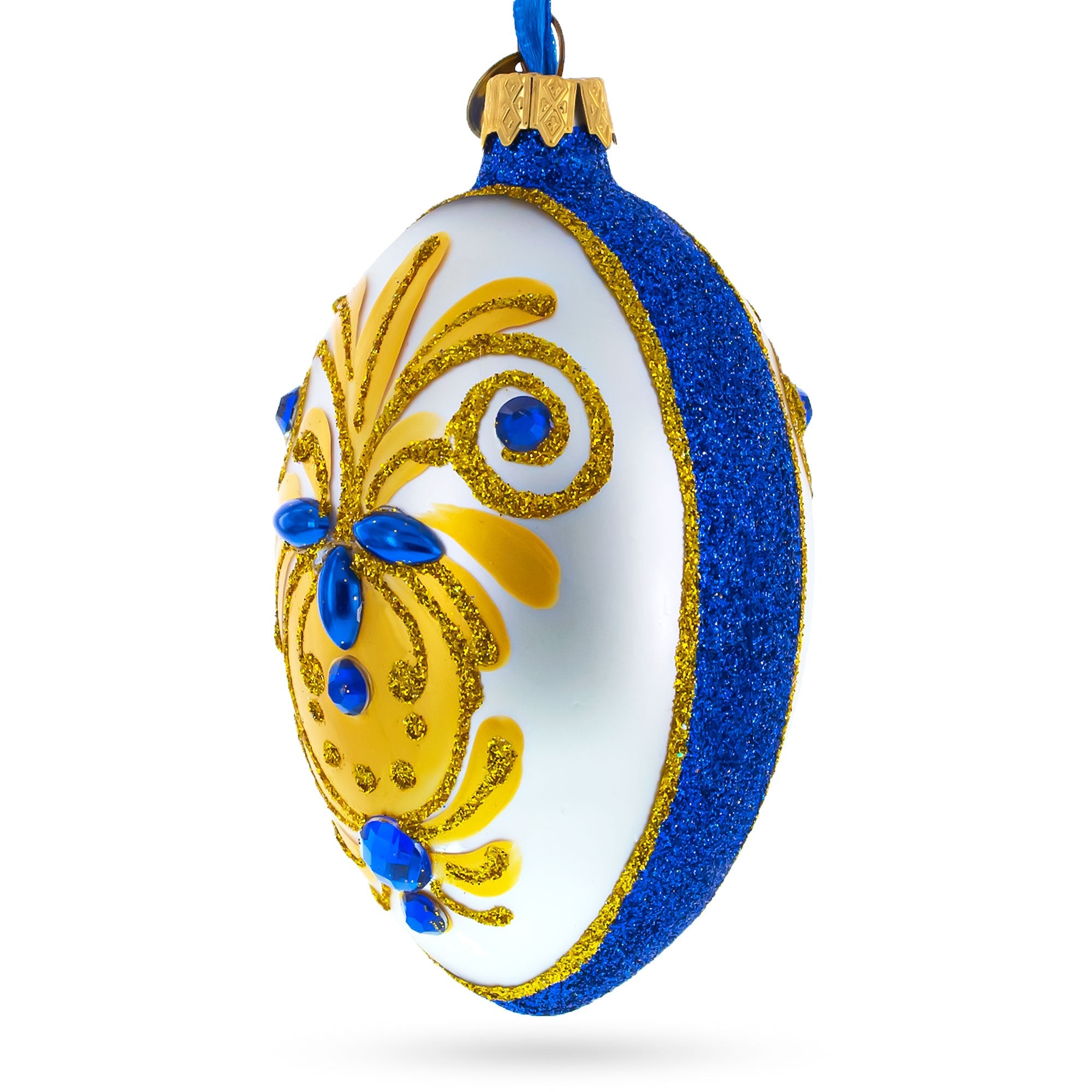Bejeweled Gold on Blue Glass Egg Christmas Ornament 4 Inches BestPysanky
