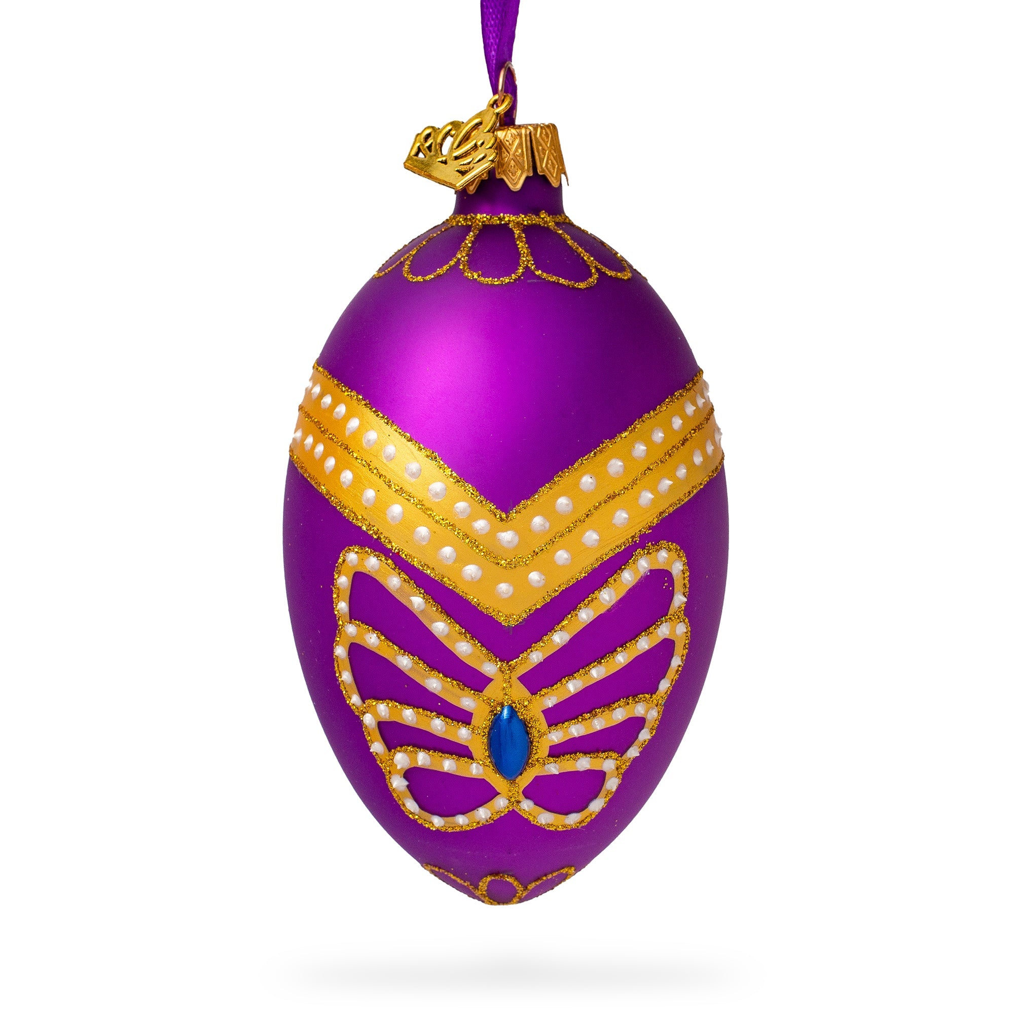 Golden Pattern on Purple Glass Egg Christmas Ornament 4 Inches