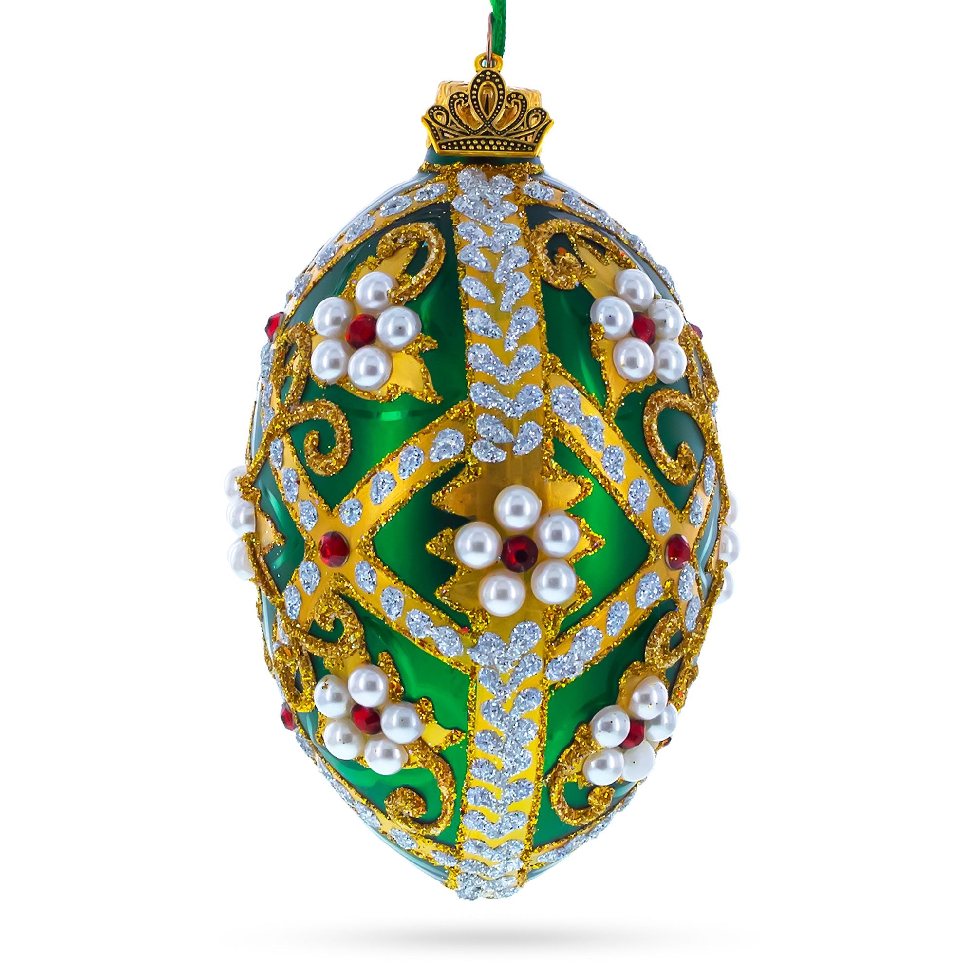 Jewels on Green Glass Egg Christmas Ornament 4 Inches BestPysanky