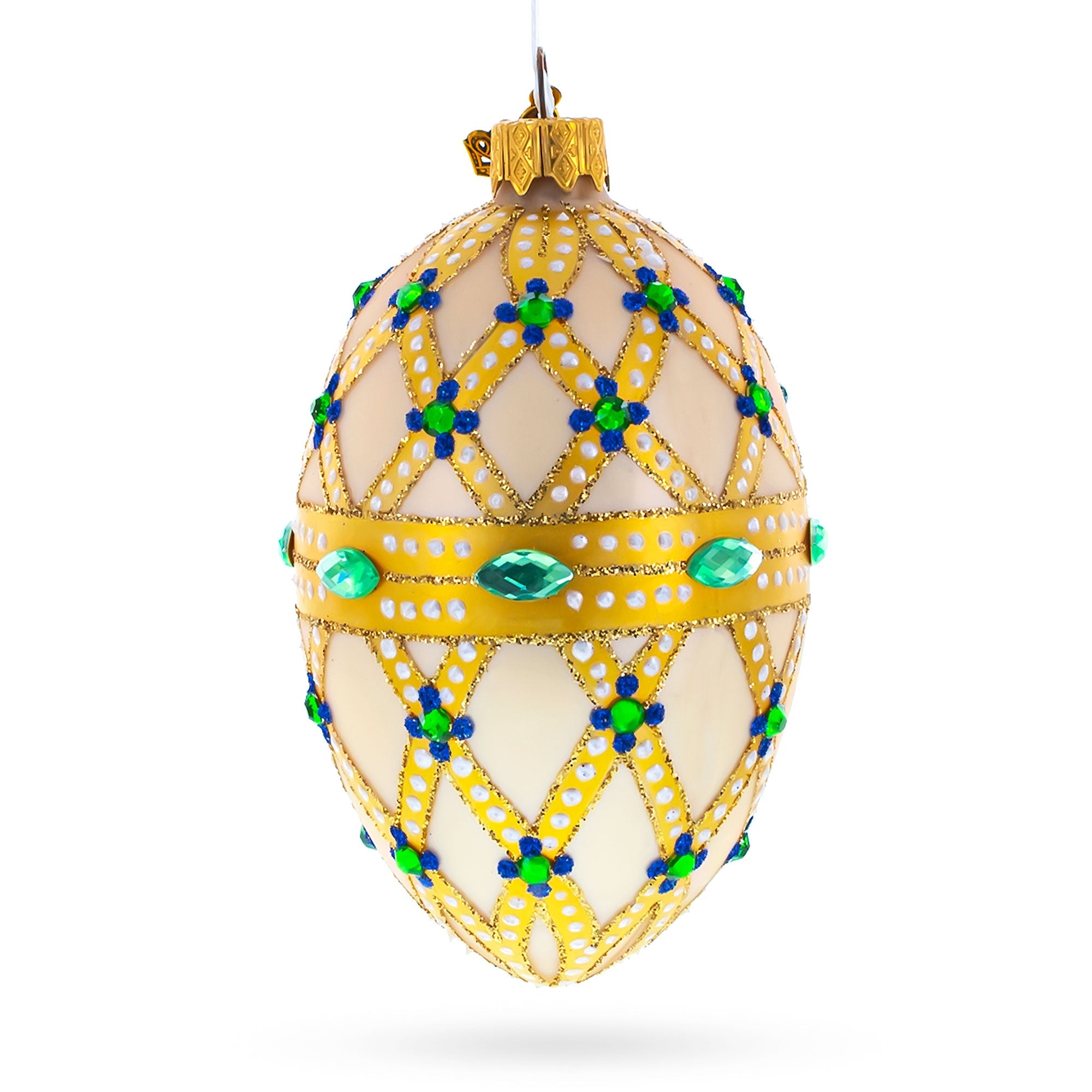 Yellow Trellis, Green Gems & Royal Blue Accents Glass Egg Ornament 4 Inches BestPysanky