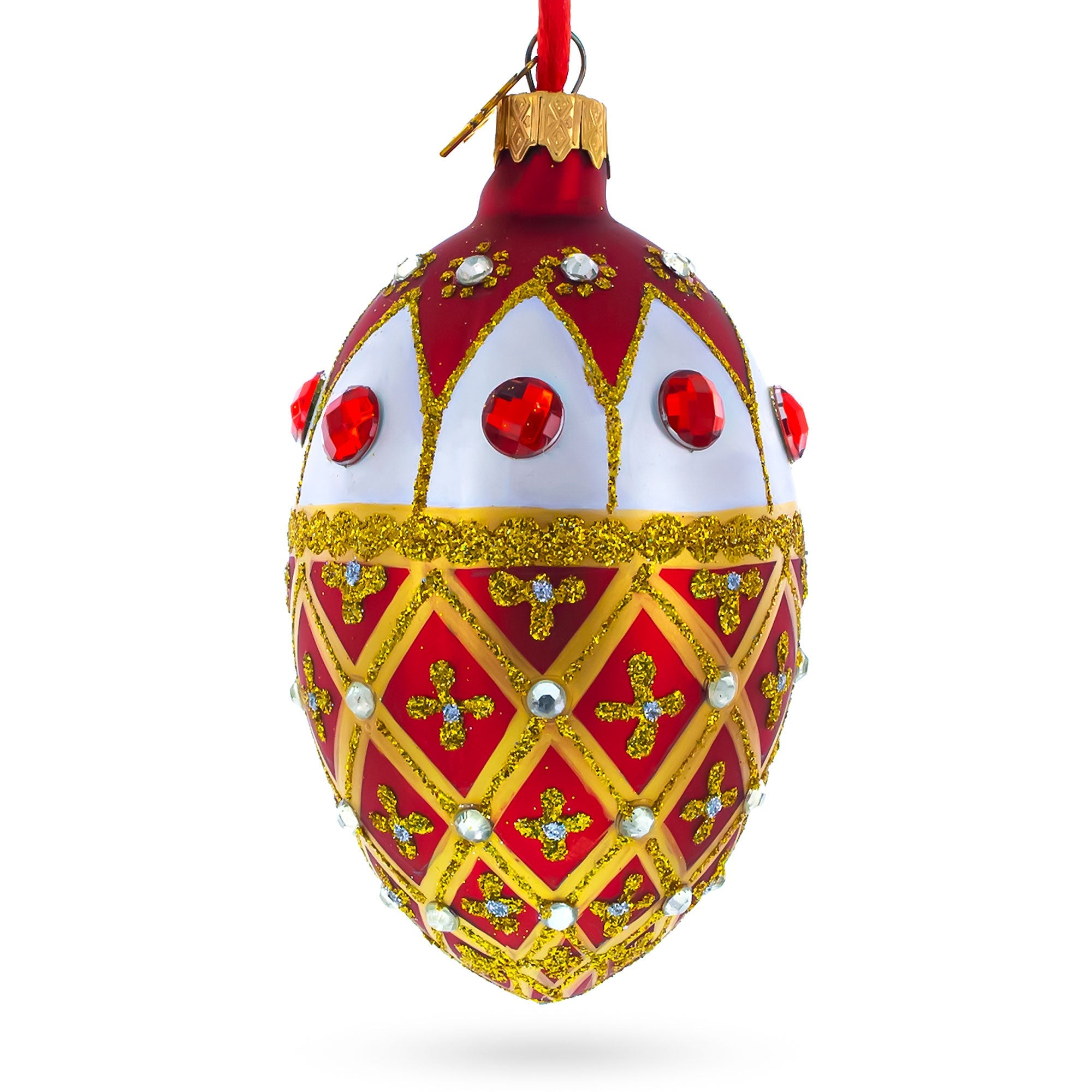 Jeweled Gold Trellis on Red and White Glass Egg Christmas Ornament 4 Inches
