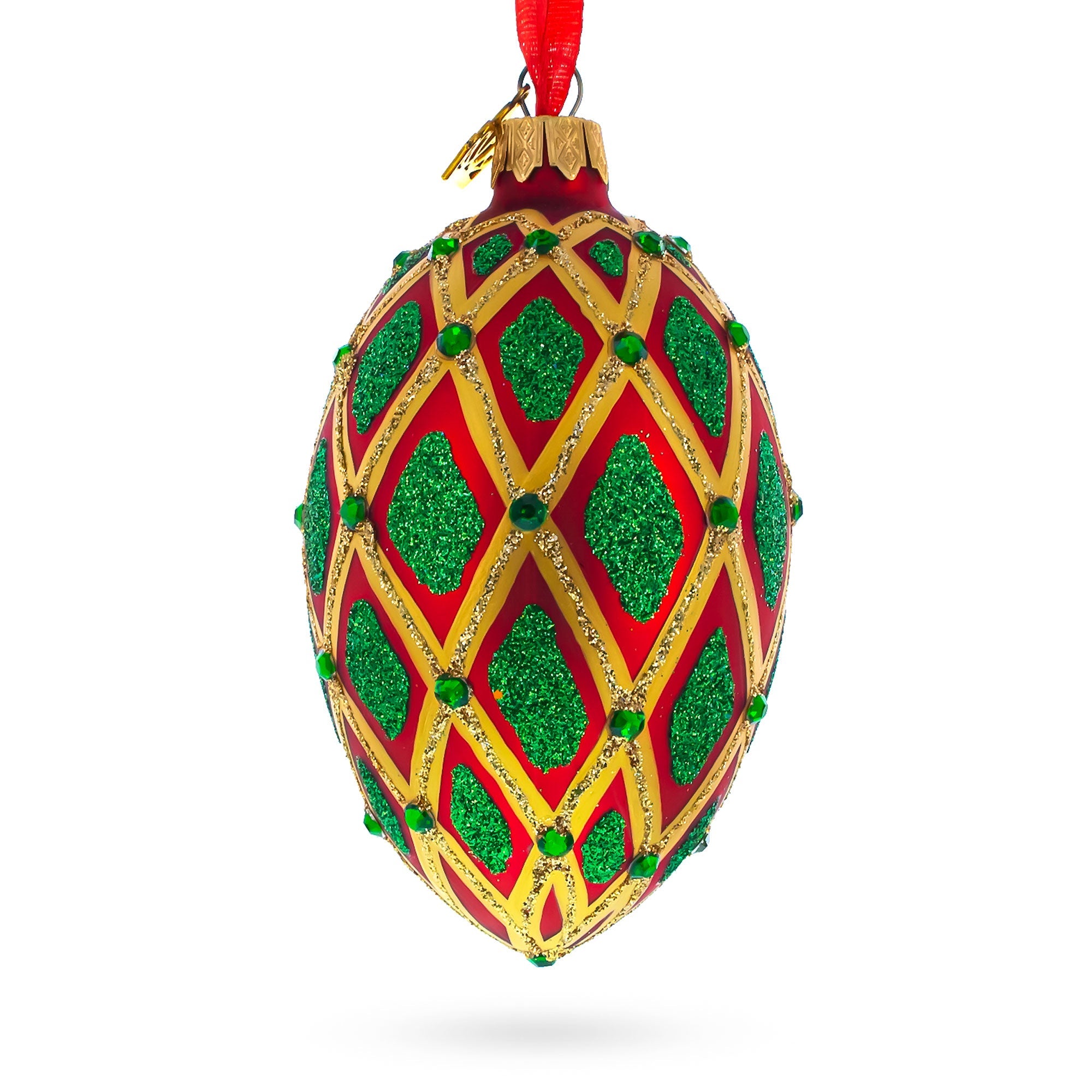 Jeweled Green IKAT on Red Glass Egg Christmas Ornament 4 Inches
