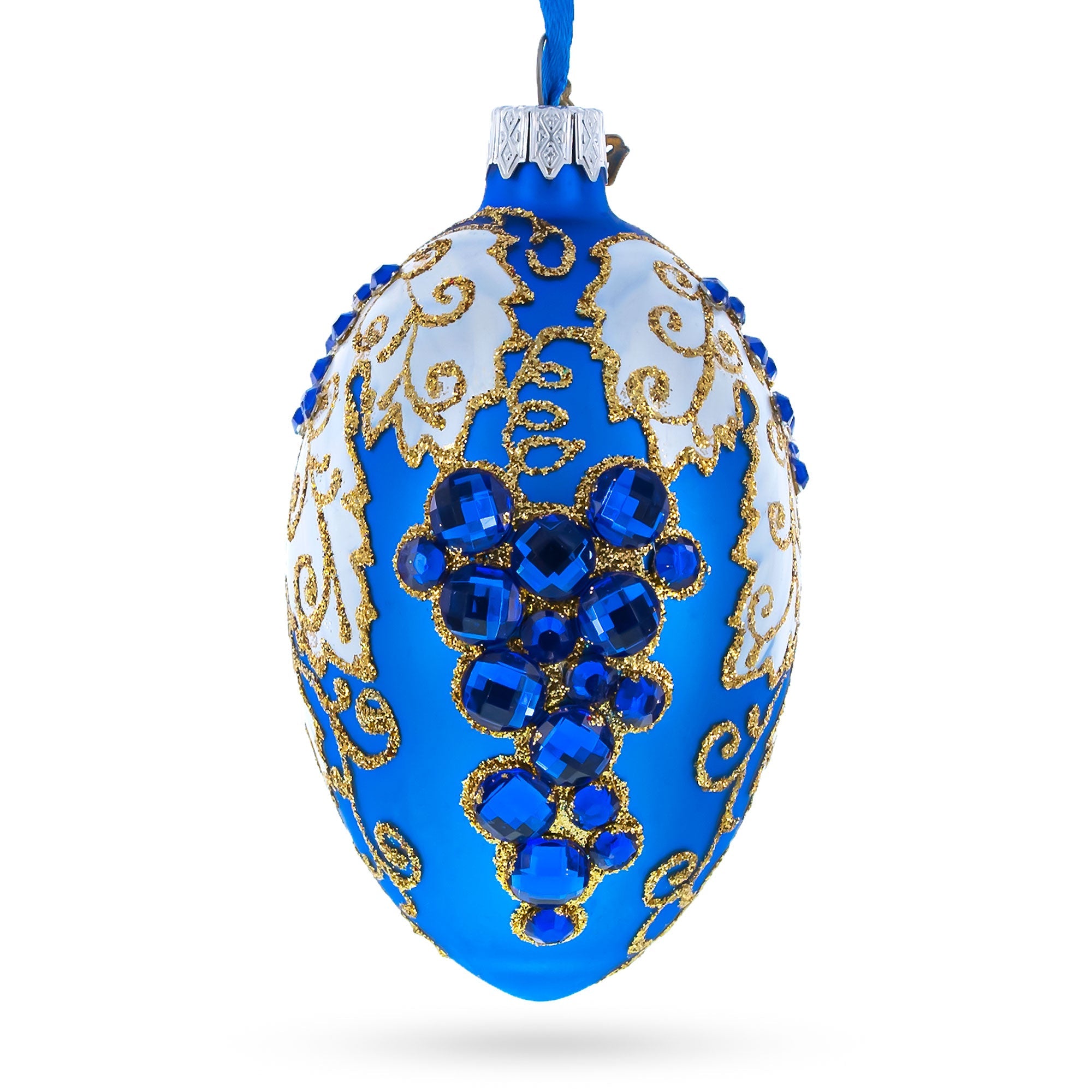Blue Grapes on White Glass Egg Ornament 4 Inches BestPysanky