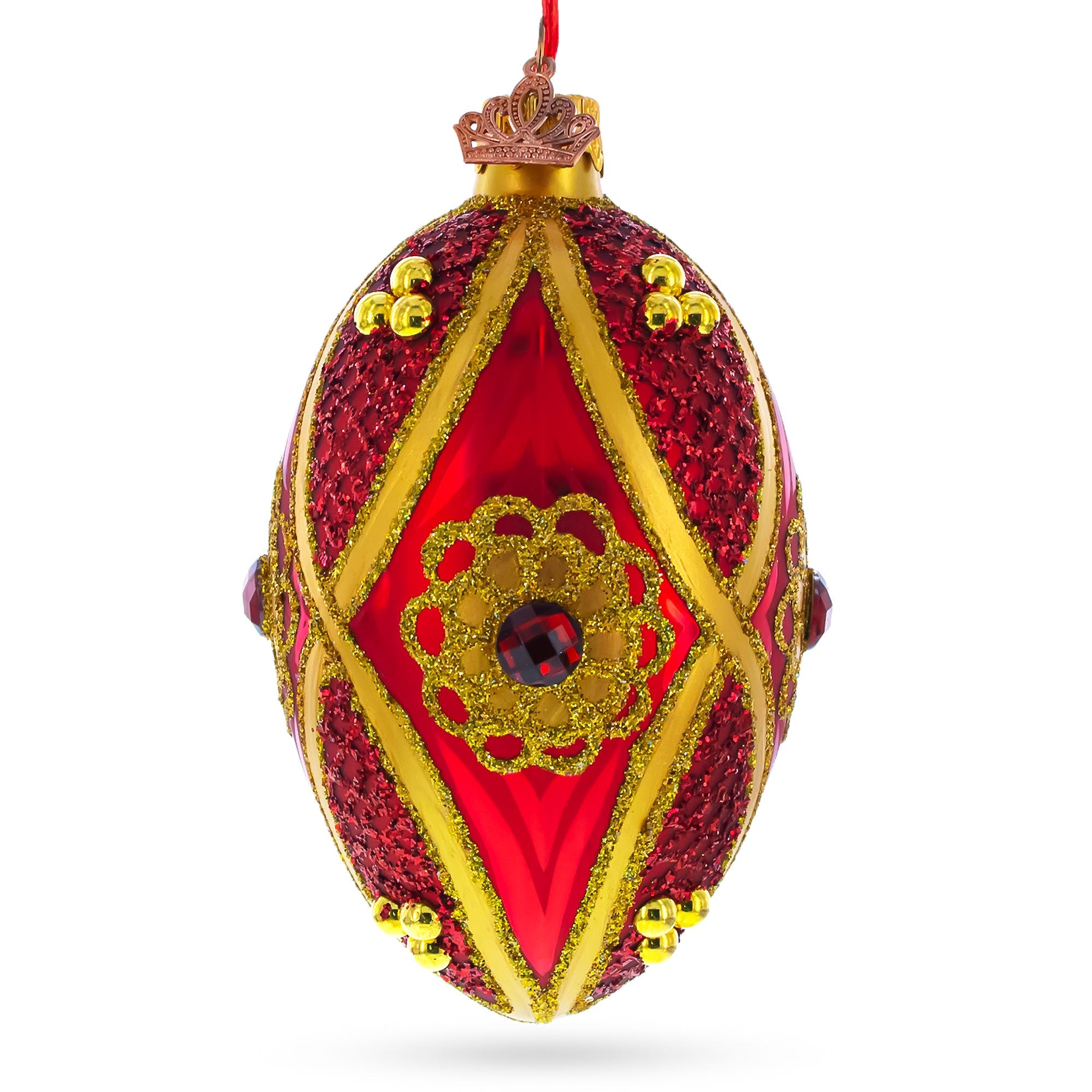 Red Jewel on Red Glass Egg Ornament 4 Inches