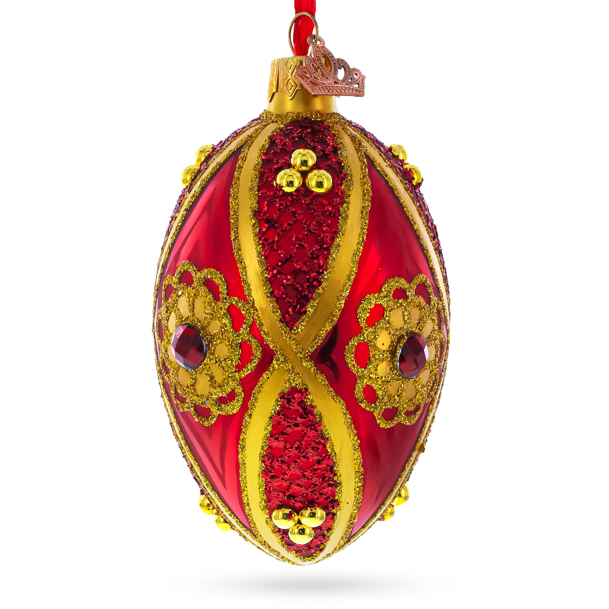 Red Jewel on Red Glass Egg Ornament 4 Inches