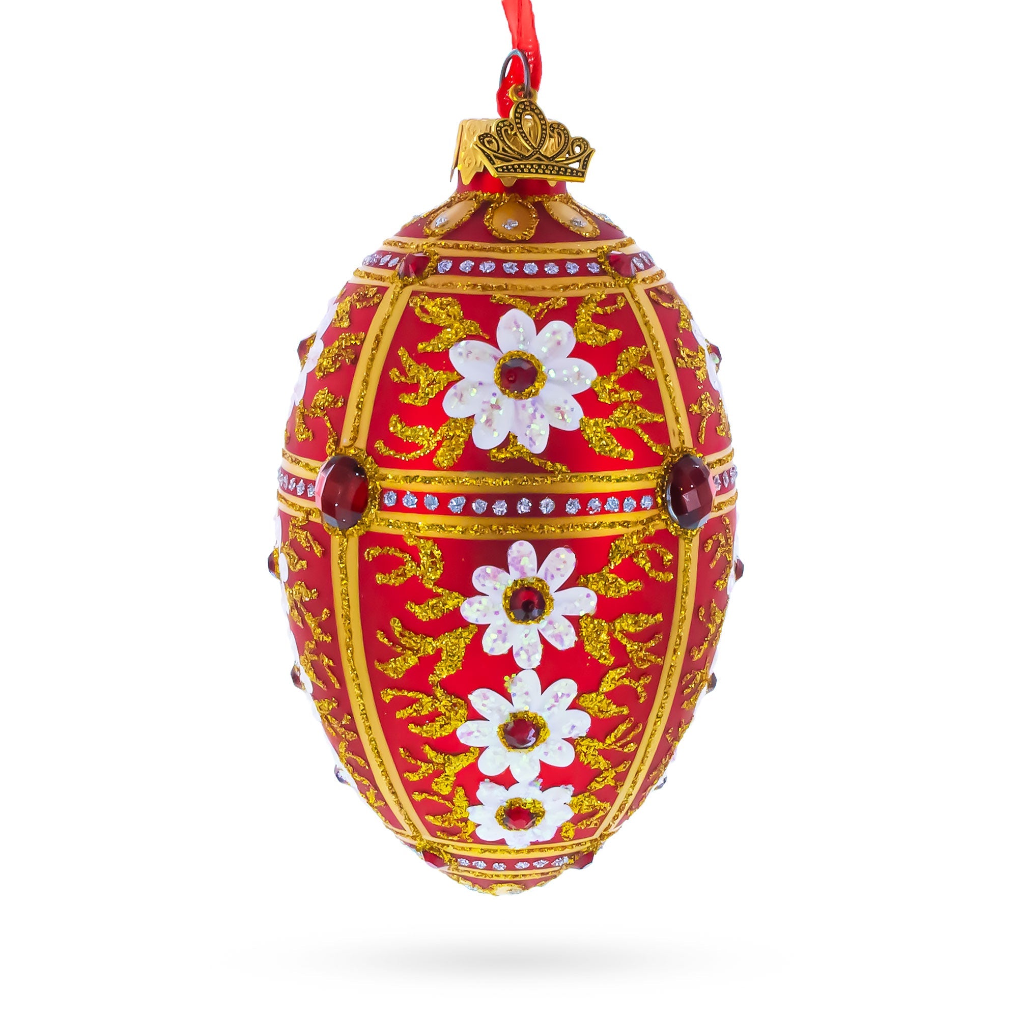 White Flowers on Red and Gold Glass Egg Ornament 4 Inches