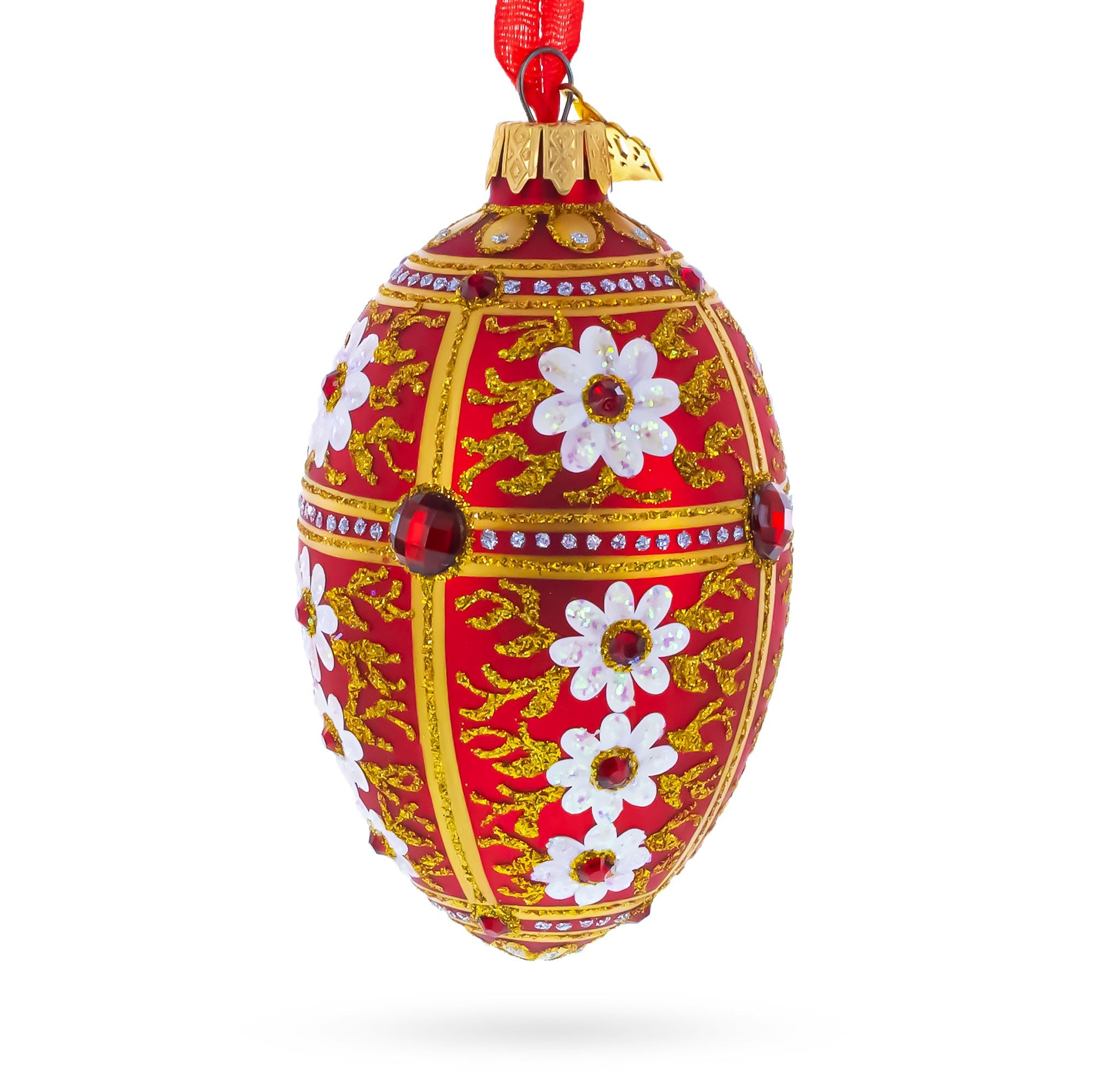 White Flowers on Red and Gold Glass Egg Ornament 4 Inches