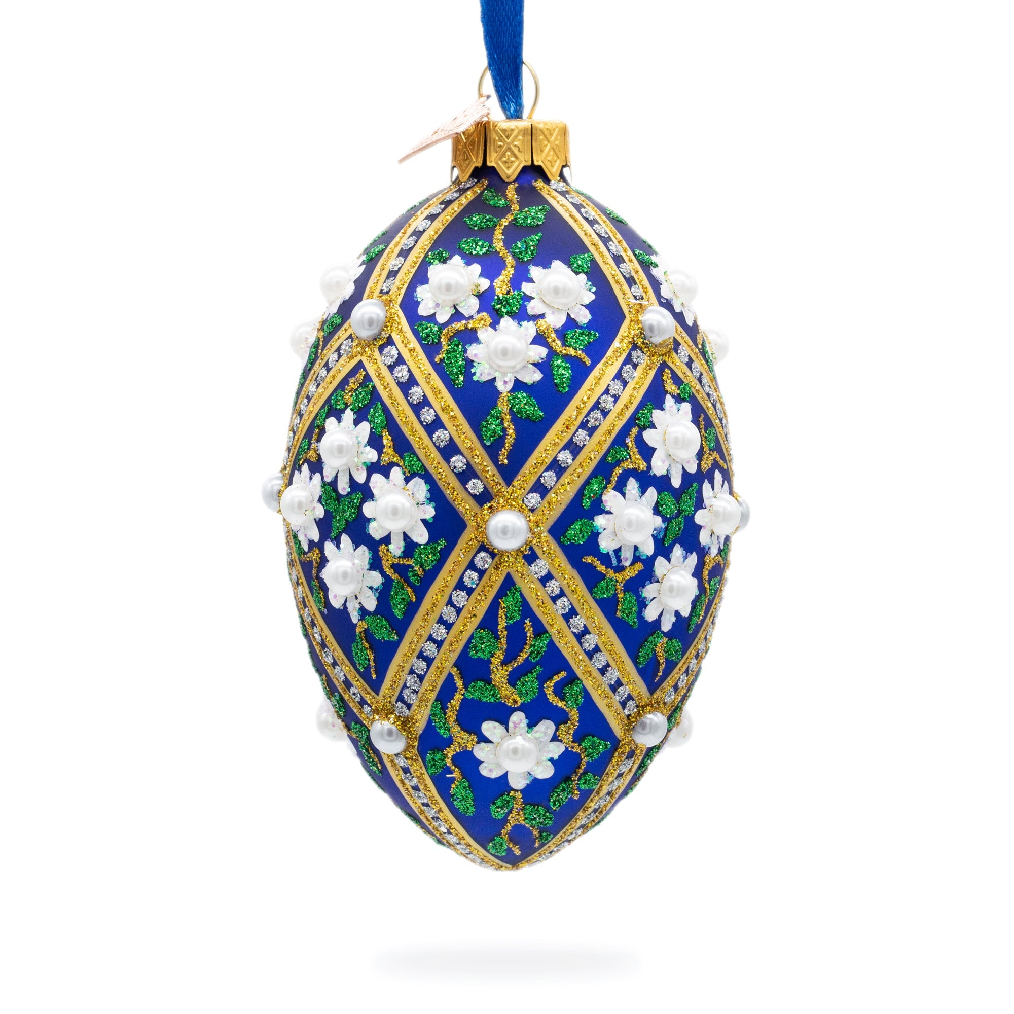 White Pearl Flowers on Blue Glass Egg Ornament 4 Inches BestPysanky