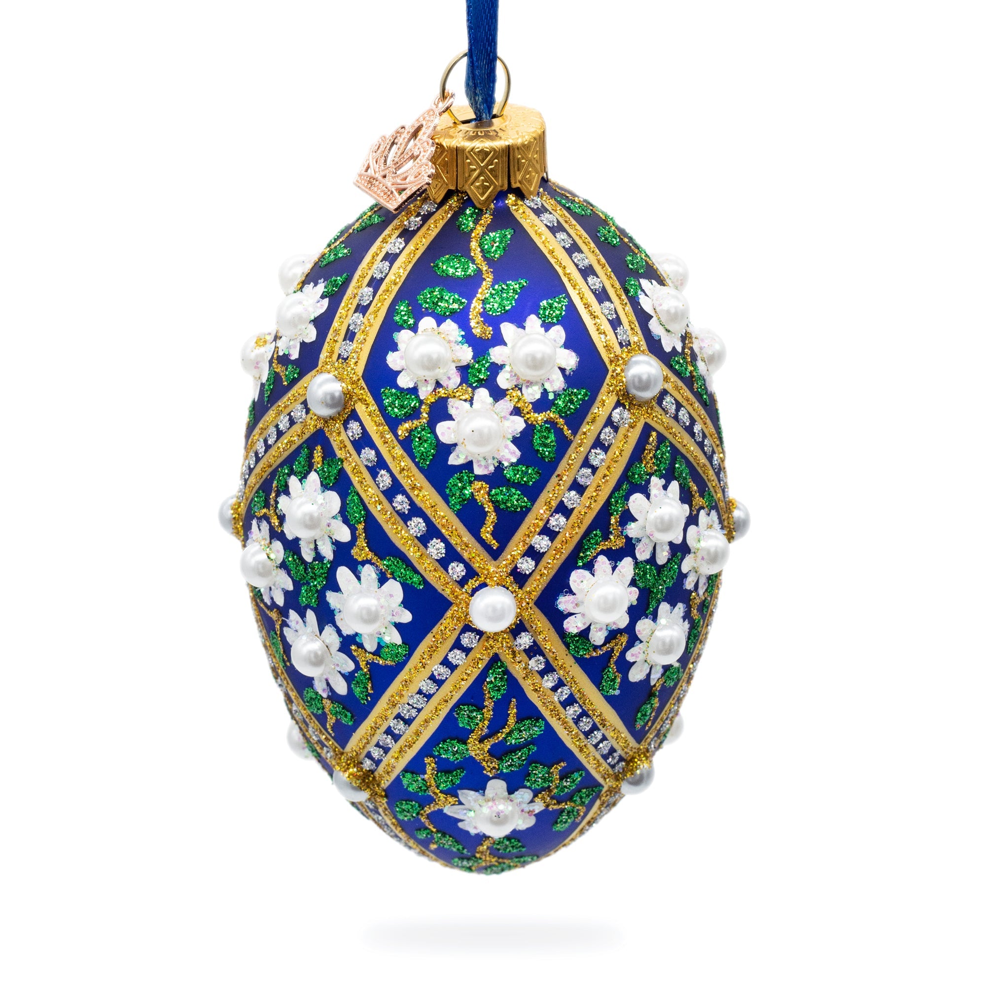 White Pearl Flowers on Blue Glass Egg Ornament 4 Inches BestPysanky