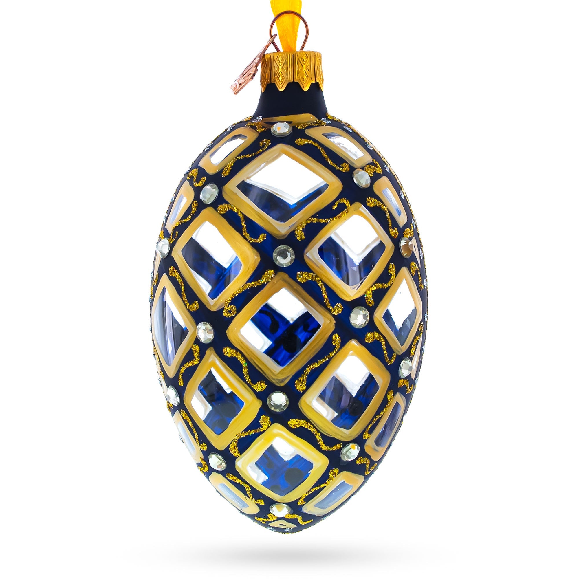 Mosaic Pattern on Blue Glass Egg Ornament 4 Inches