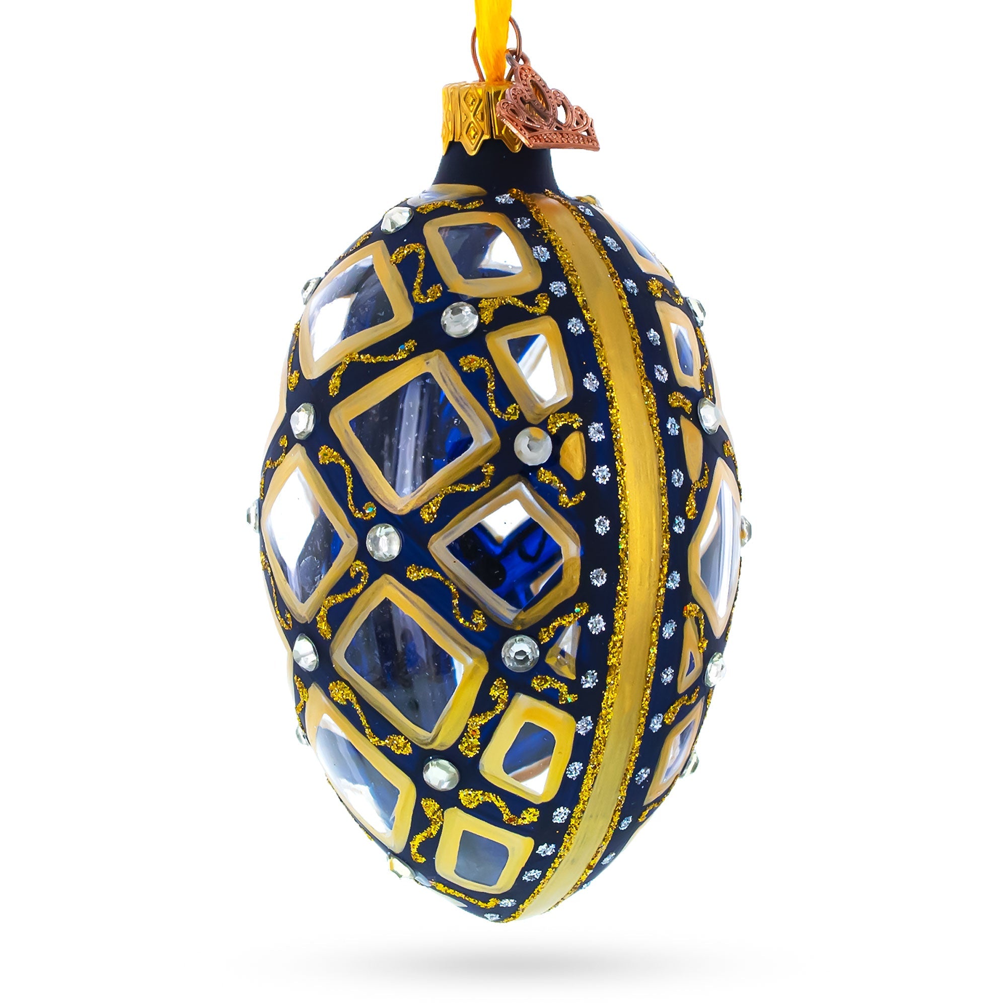 Mosaic Pattern on Blue Glass Egg Ornament 4 Inches