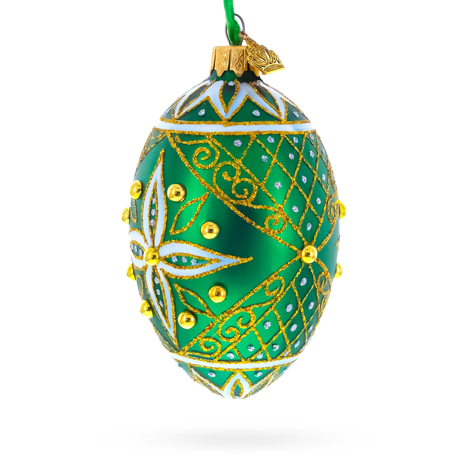 Jeweled White Star on Green Glass Egg Ornament 4 Inches BestPysanky