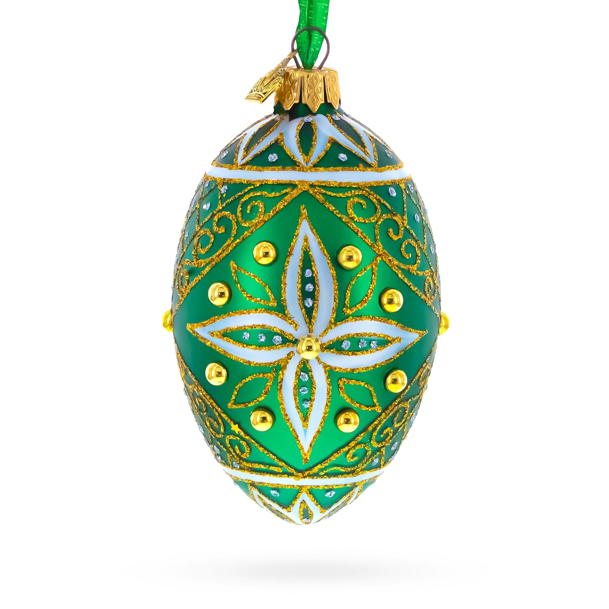 Jeweled White Star on Green Glass Egg Ornament 4 Inches BestPysanky