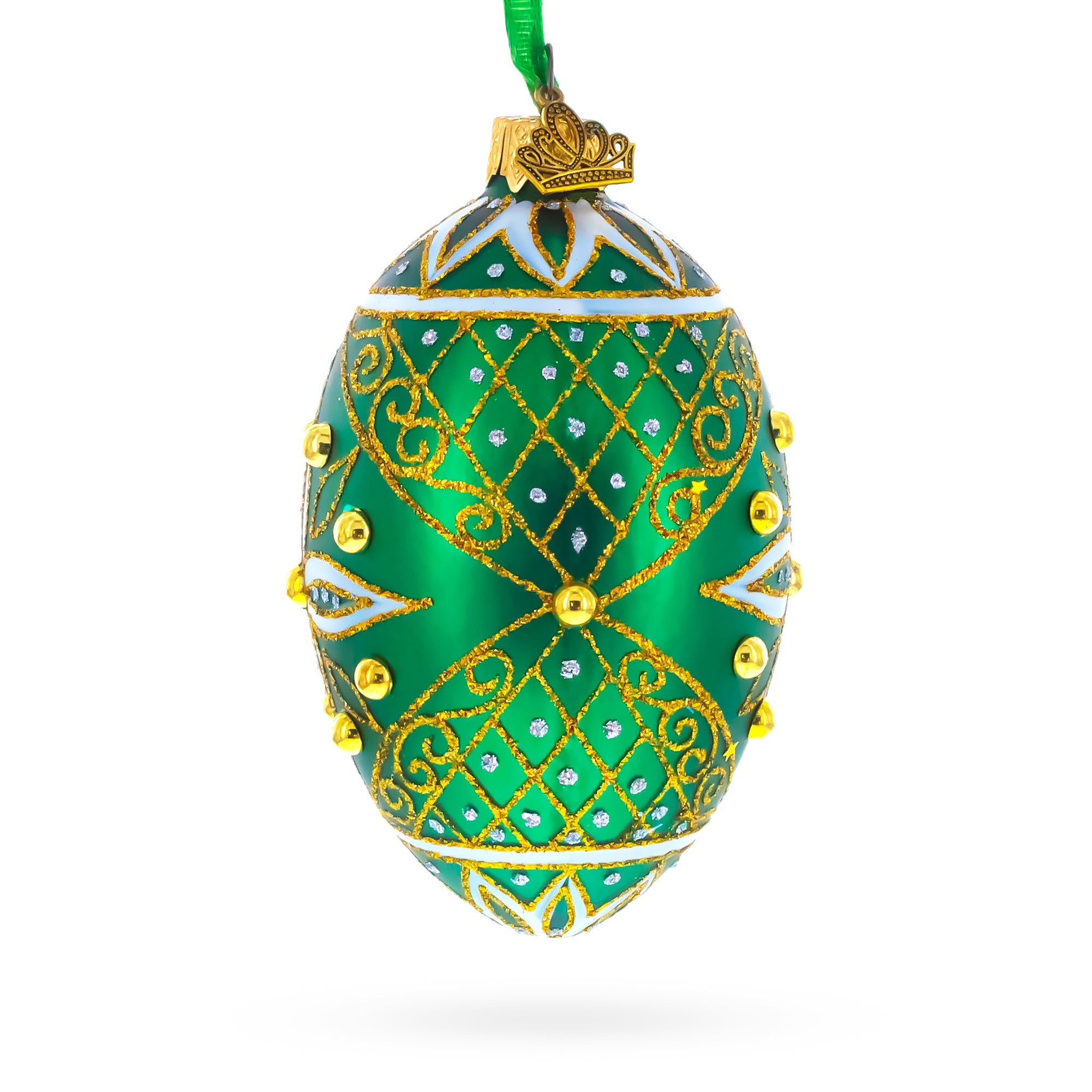 Jeweled White Star on Green Glass Egg Ornament 4 Inches BestPysanky