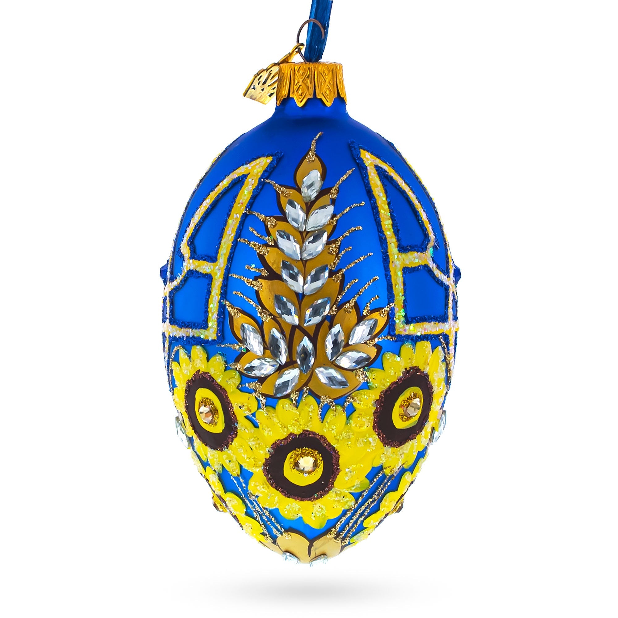 Ukrainian Coat of Arms and Sunflowers Glass Egg Ornament 4 Inches