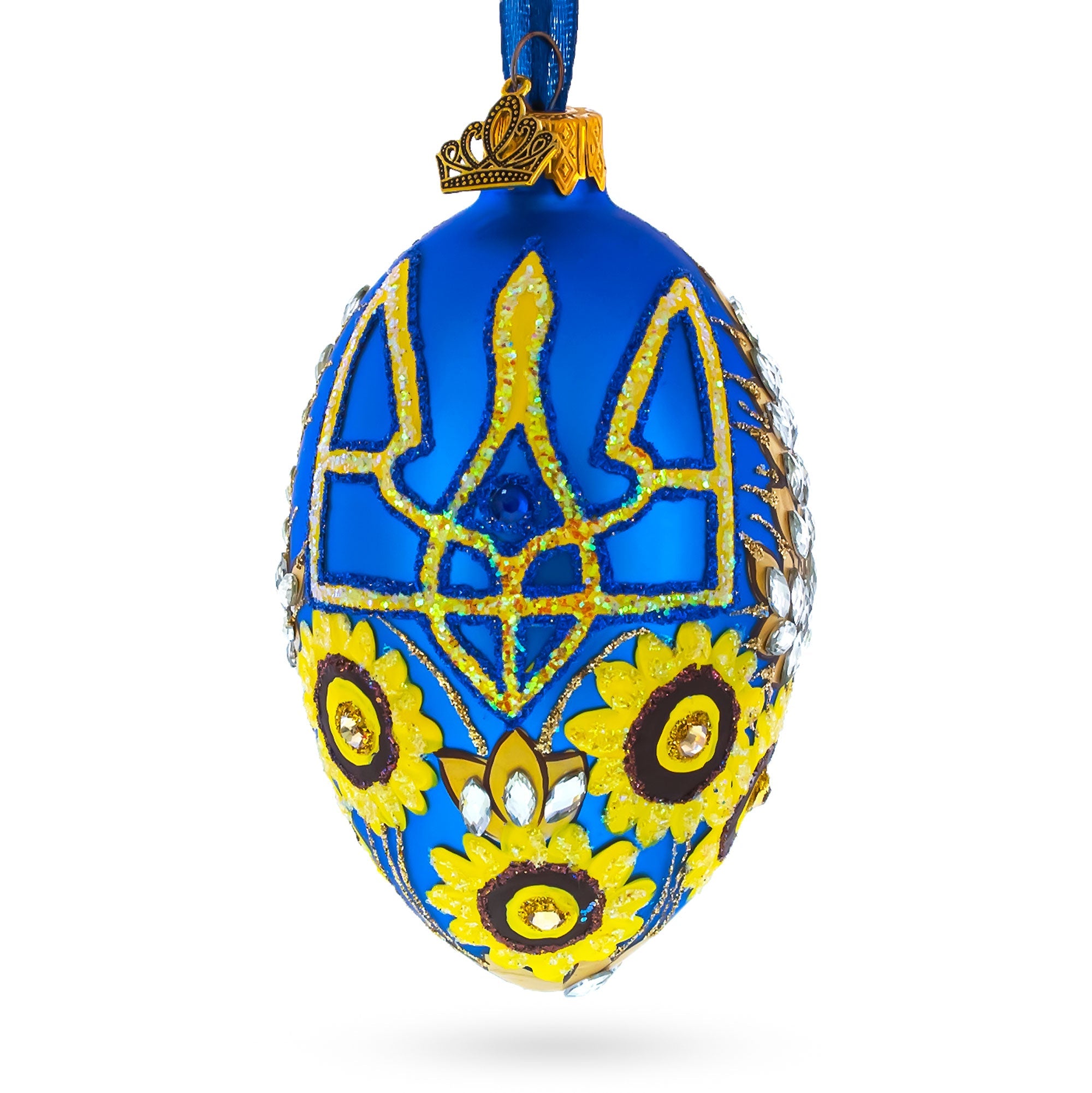 Ukrainian Coat of Arms and Sunflowers Glass Egg Ornament 4 Inches
