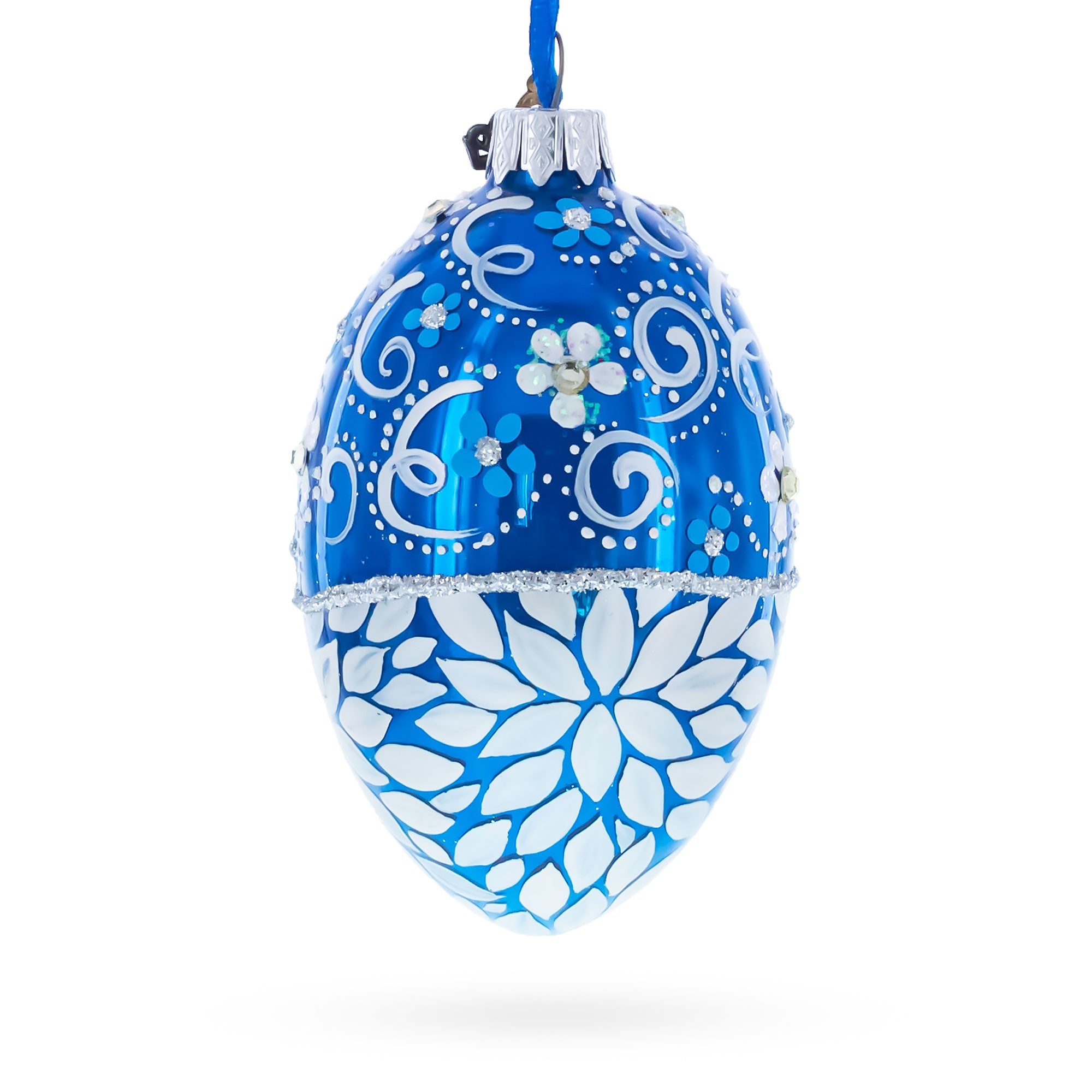 White Pearled Flowers on Glossy Blue Glass Egg Ornament 4 Inches