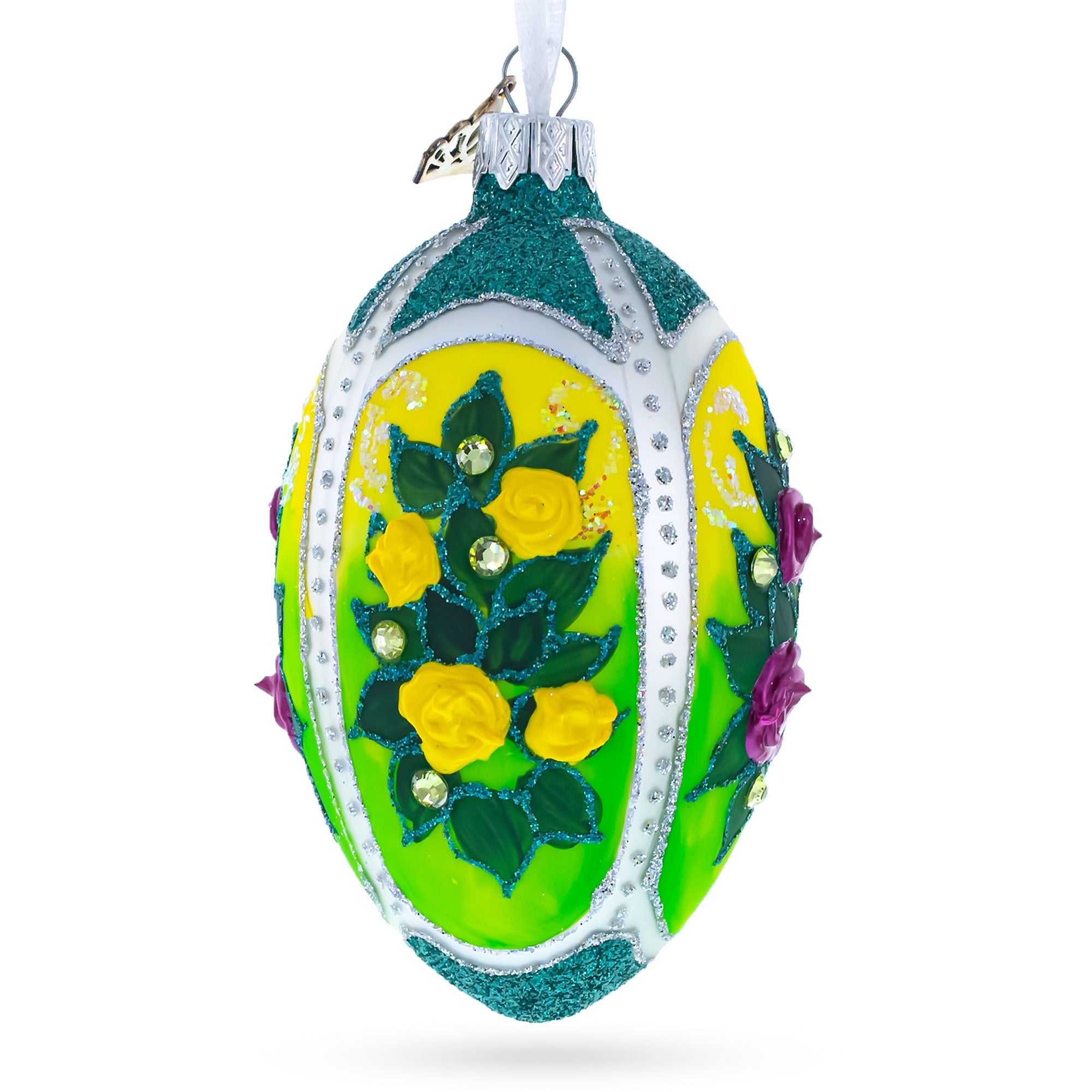 Flowers Bouquet on Green Glass Egg Ornament 4 Inches