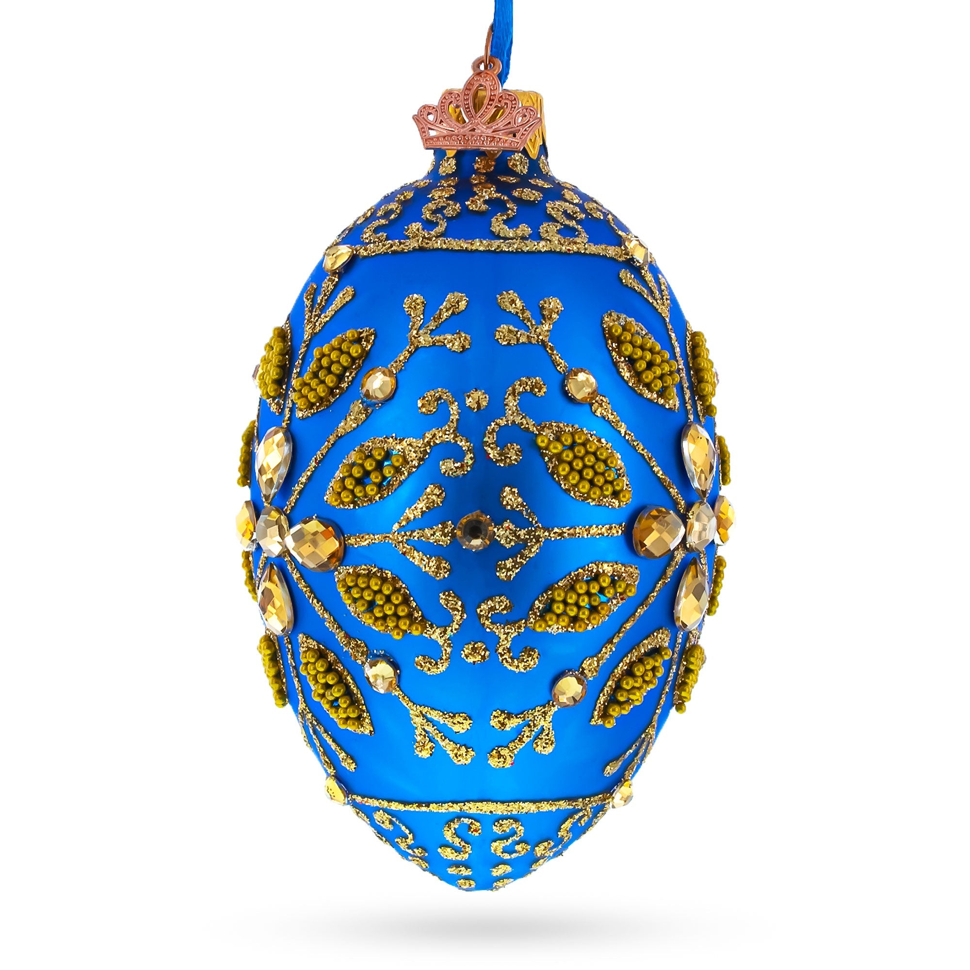 Golden Snowflake on Blue Glass Egg Ornament 4 Inches
