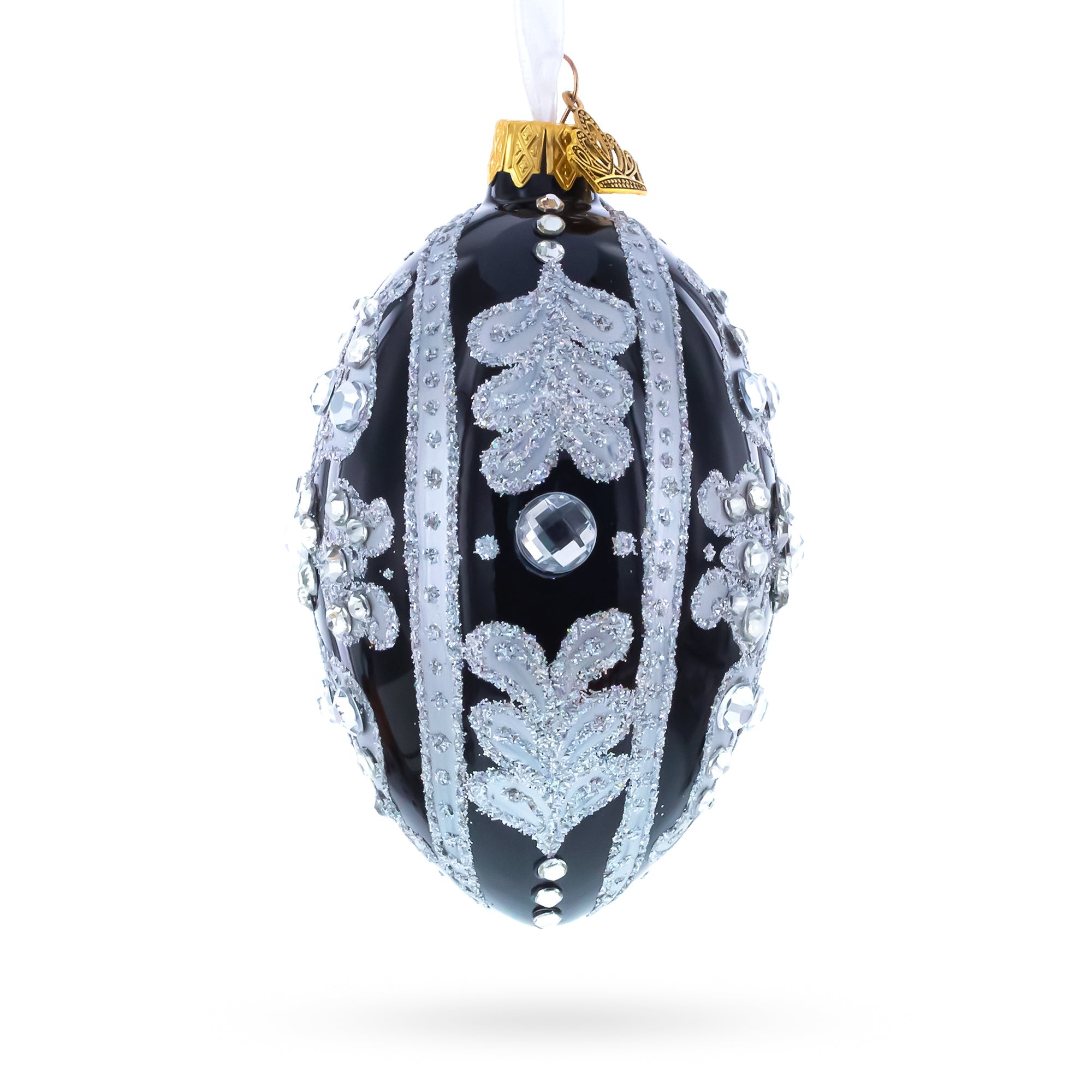 Silver and Crystal Floral Pattern on Black Glass Egg Ornament 4 Inches