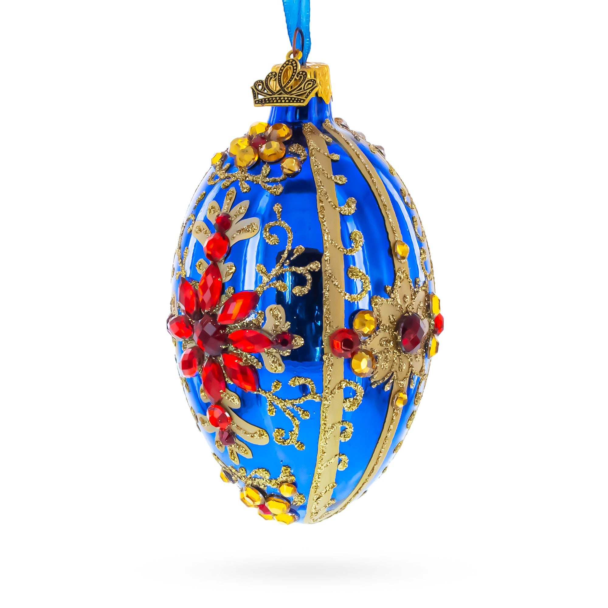Sapphire with Red Floral Gemstone Embellishments Glass Egg Ornament 4 Inches