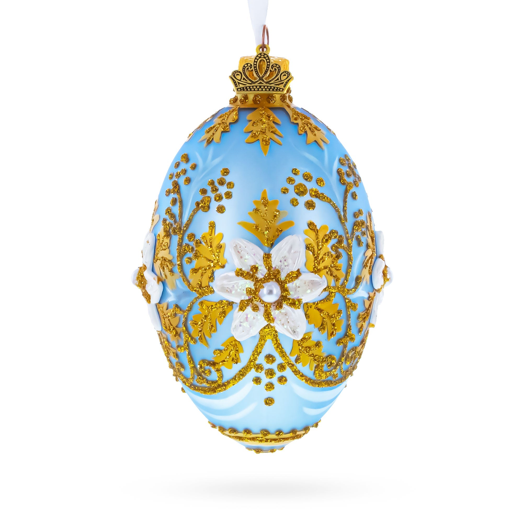 Blue and Gold Embossed Floral Glass Egg Ornament 4 Inches