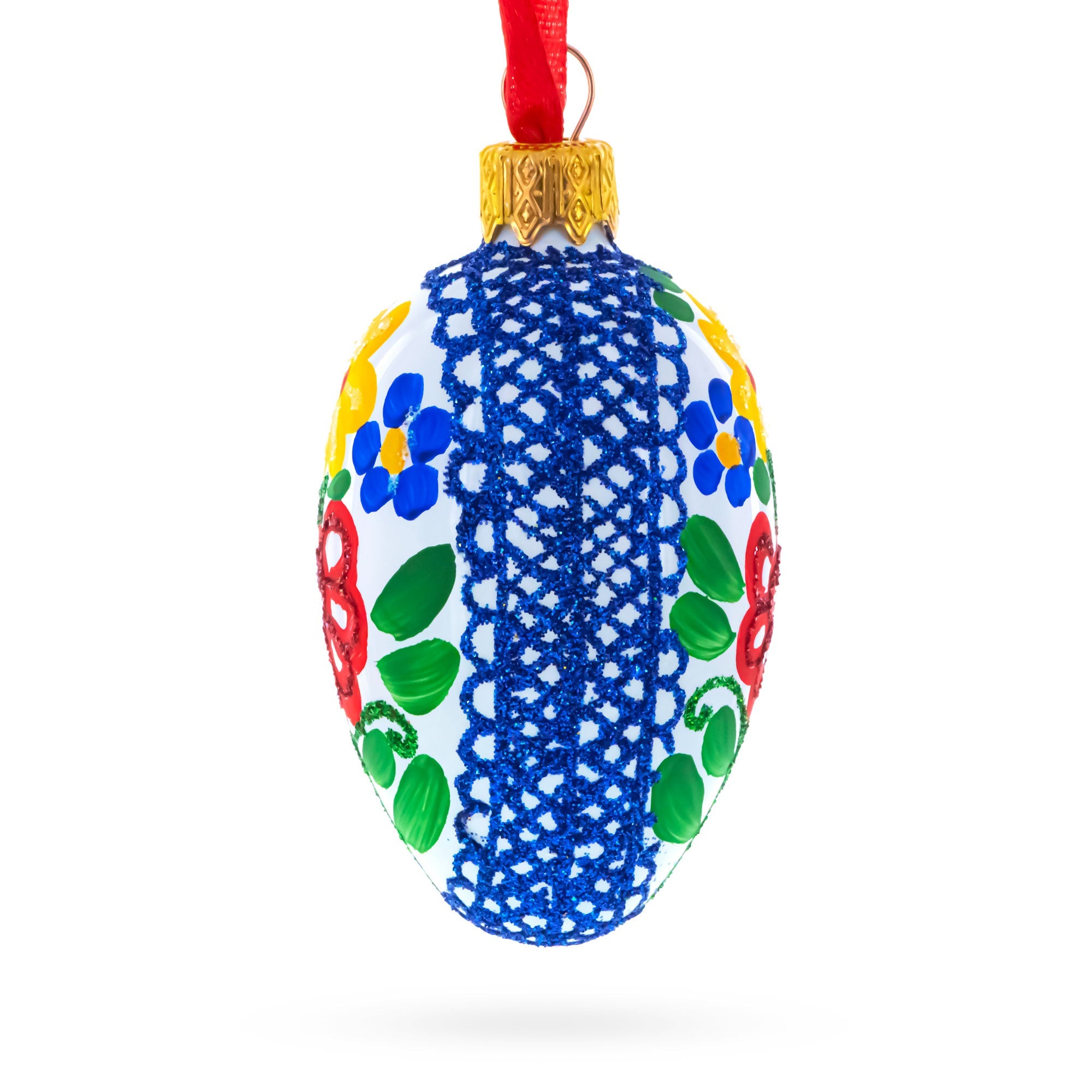White with Multicolor Floral and Blue Lace Accents Mini Glass Egg Ornament 2.9 Inches