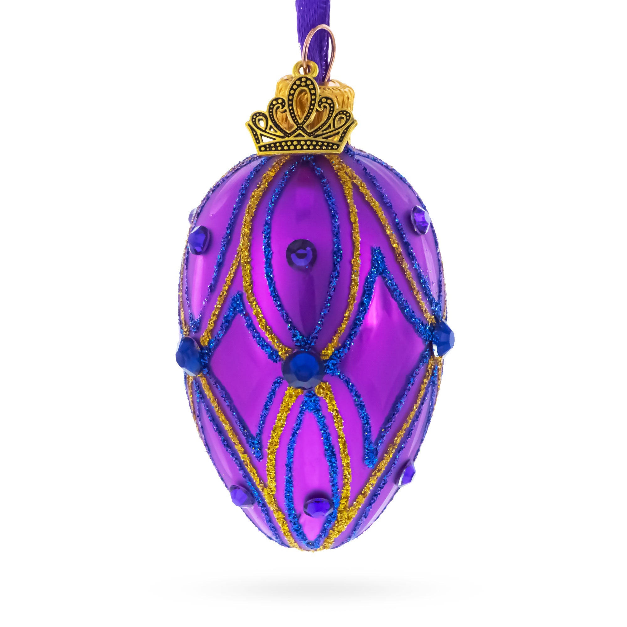 Vibrant Purple with Blue and Gold Glitter Gem Accents Mini Glass Egg Ornament 2.9 Inches