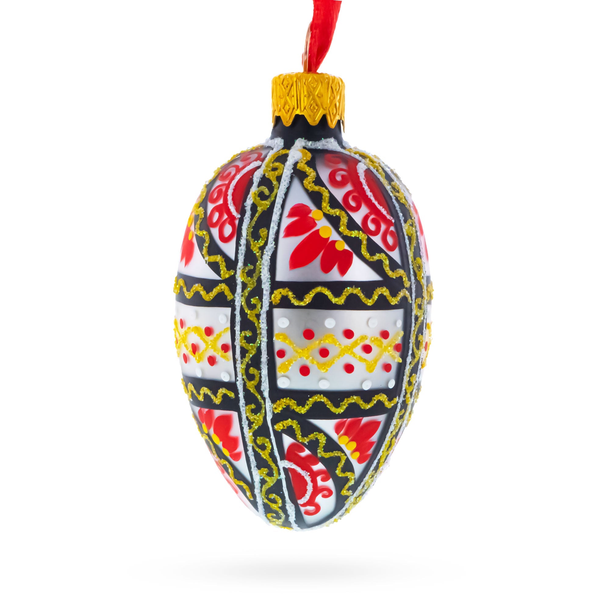 Ukrainian Geometric Red and Gold Mini Glass Egg Ornament 2.9 Inches