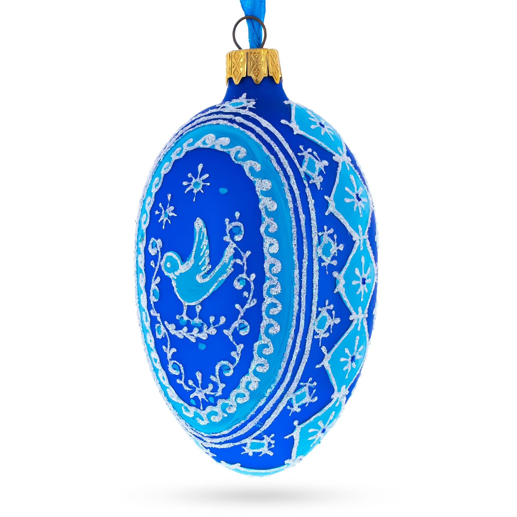 Blue Bird Pysanka Glass Egg Ornament 4 Inches