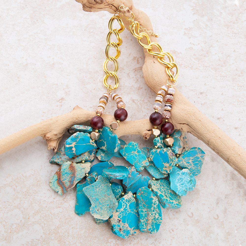 Lucia Blue Jasper and Fire Agate Golden Strand Necklace Barse Jewelry