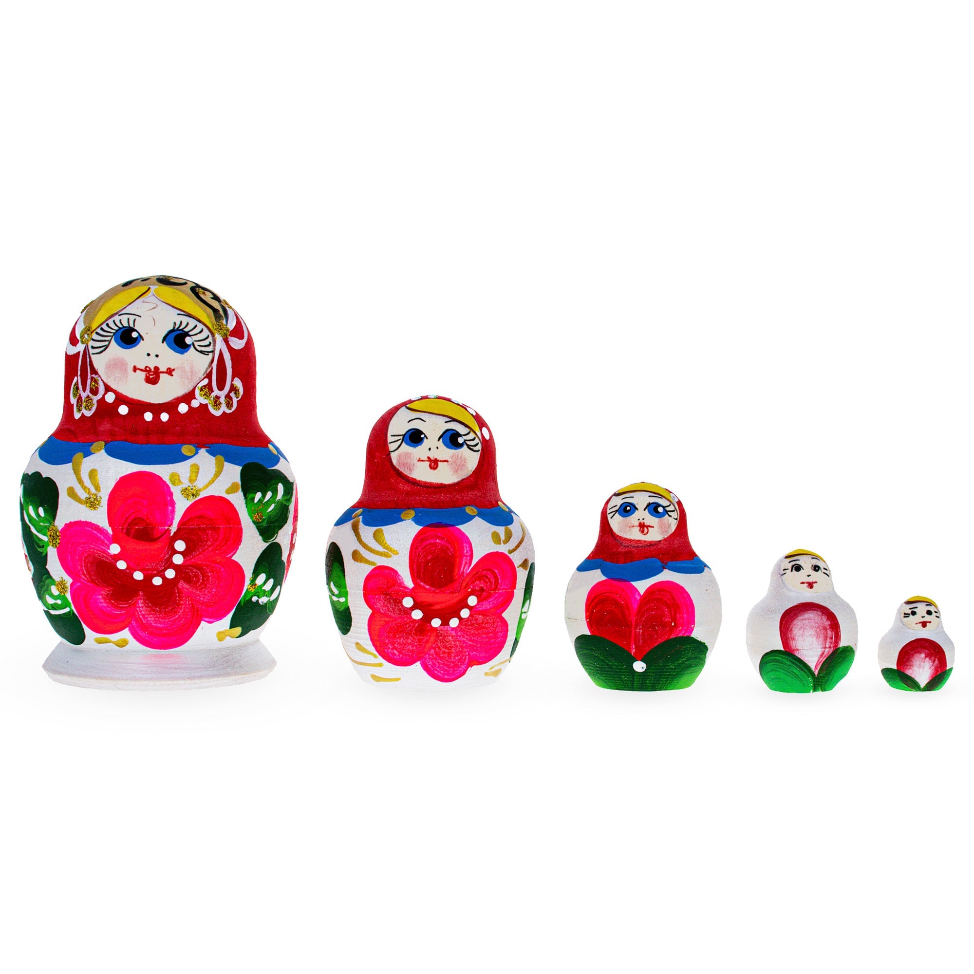 Beautiful Wooden with Red Color Hood and Pink Flowers Nesting Dolls BestPysanky
