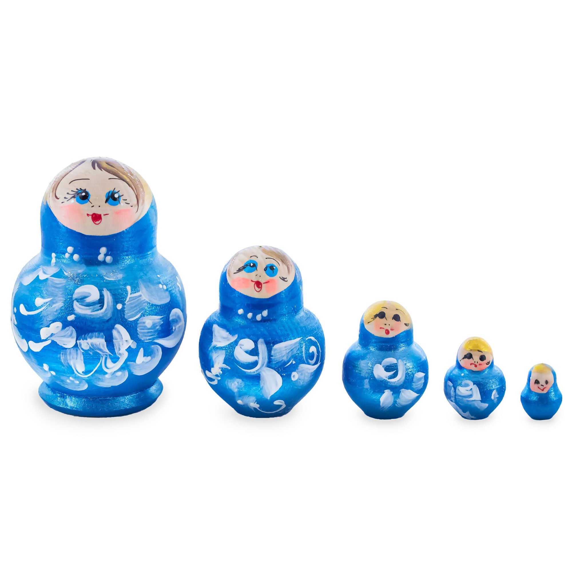 Blue Color with White Ornament Wooden Nesting Dolls