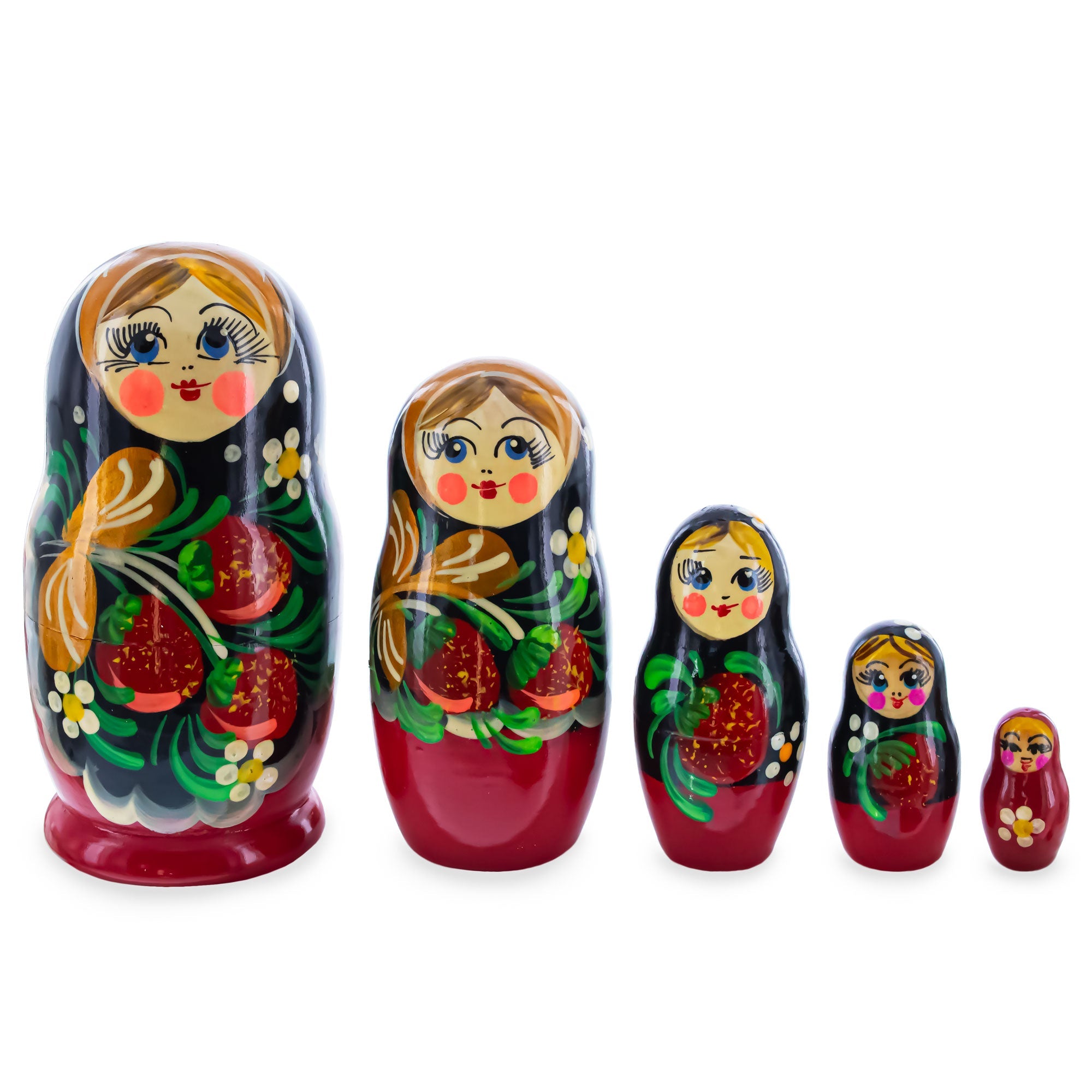 Black Hood with Strawberries Wooden Nesting Dolls