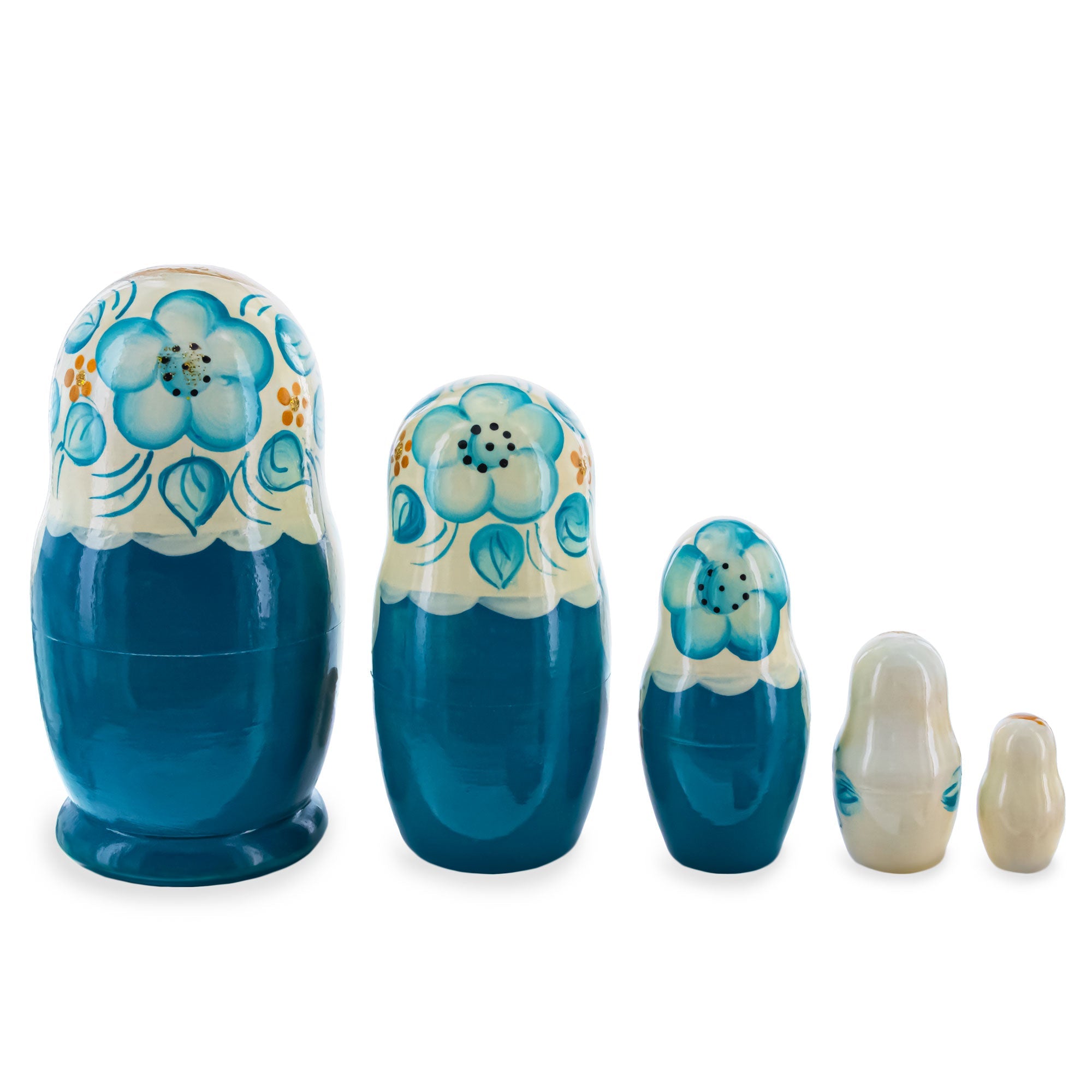 White Hood with Blue Flowers Wooden Nesting Dolls