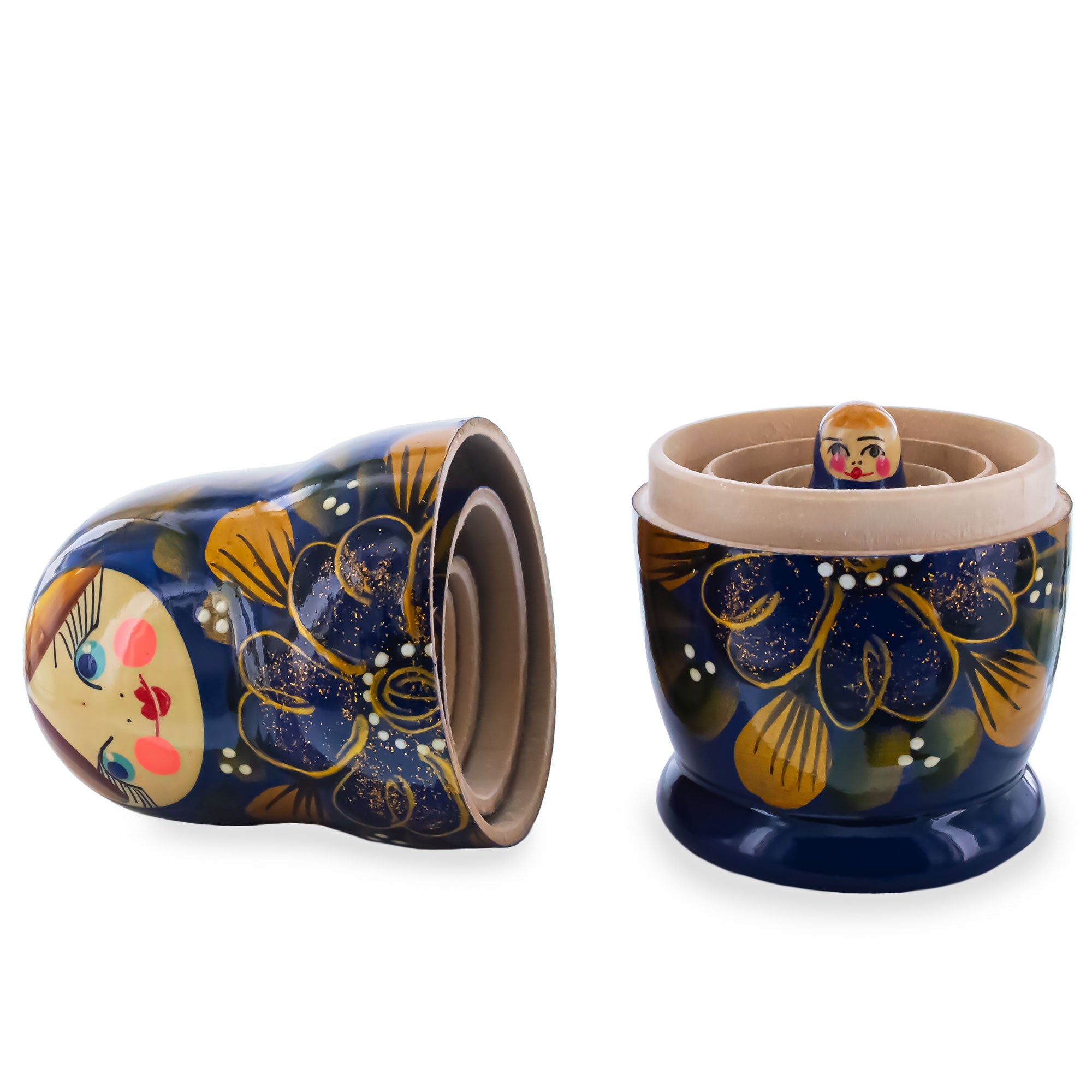 Blue Color with Gold Flowers Wooden Nesting Dolls