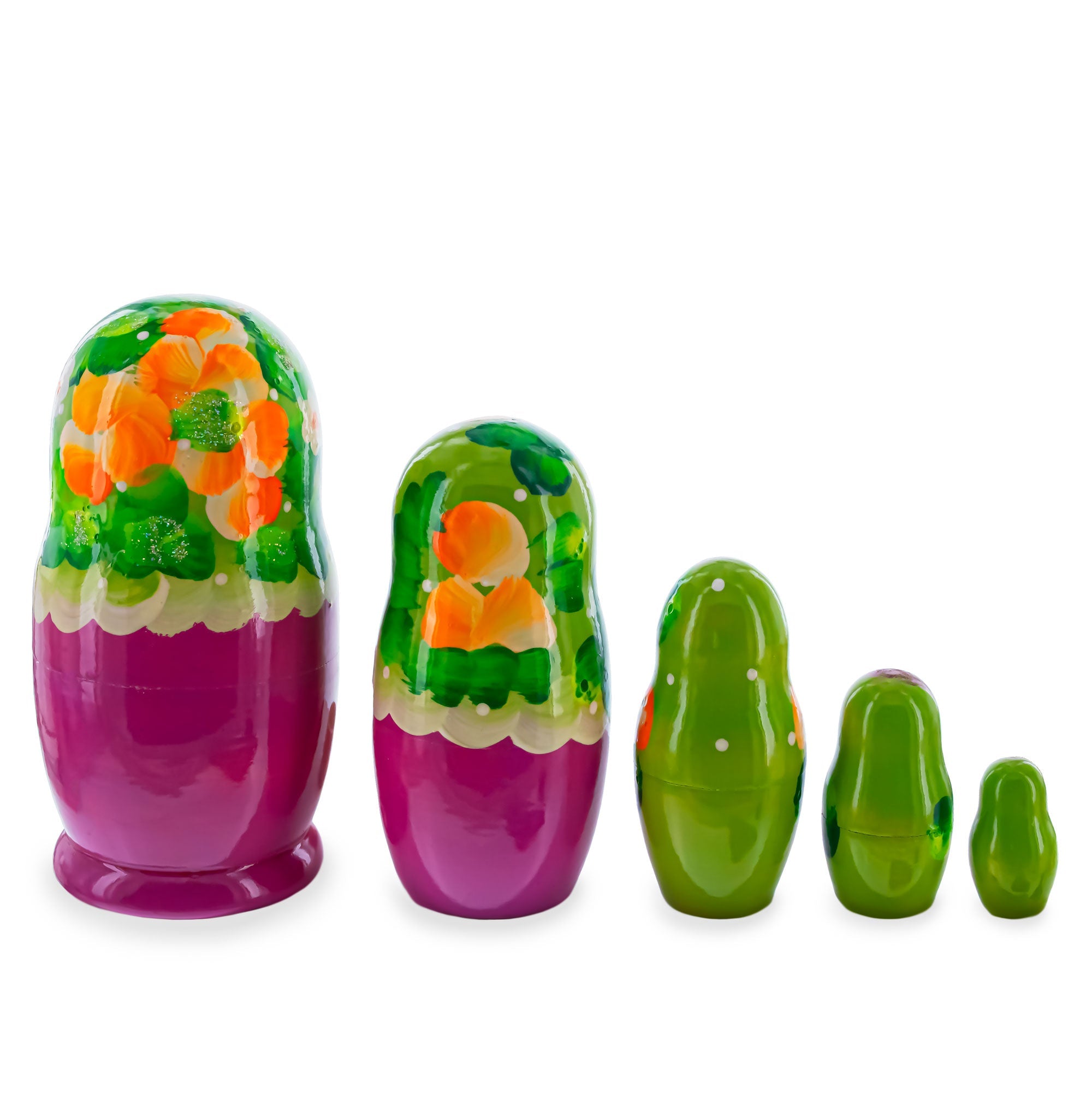 Green Hood with Purple and White Flowers Wooden Nesting Dolls