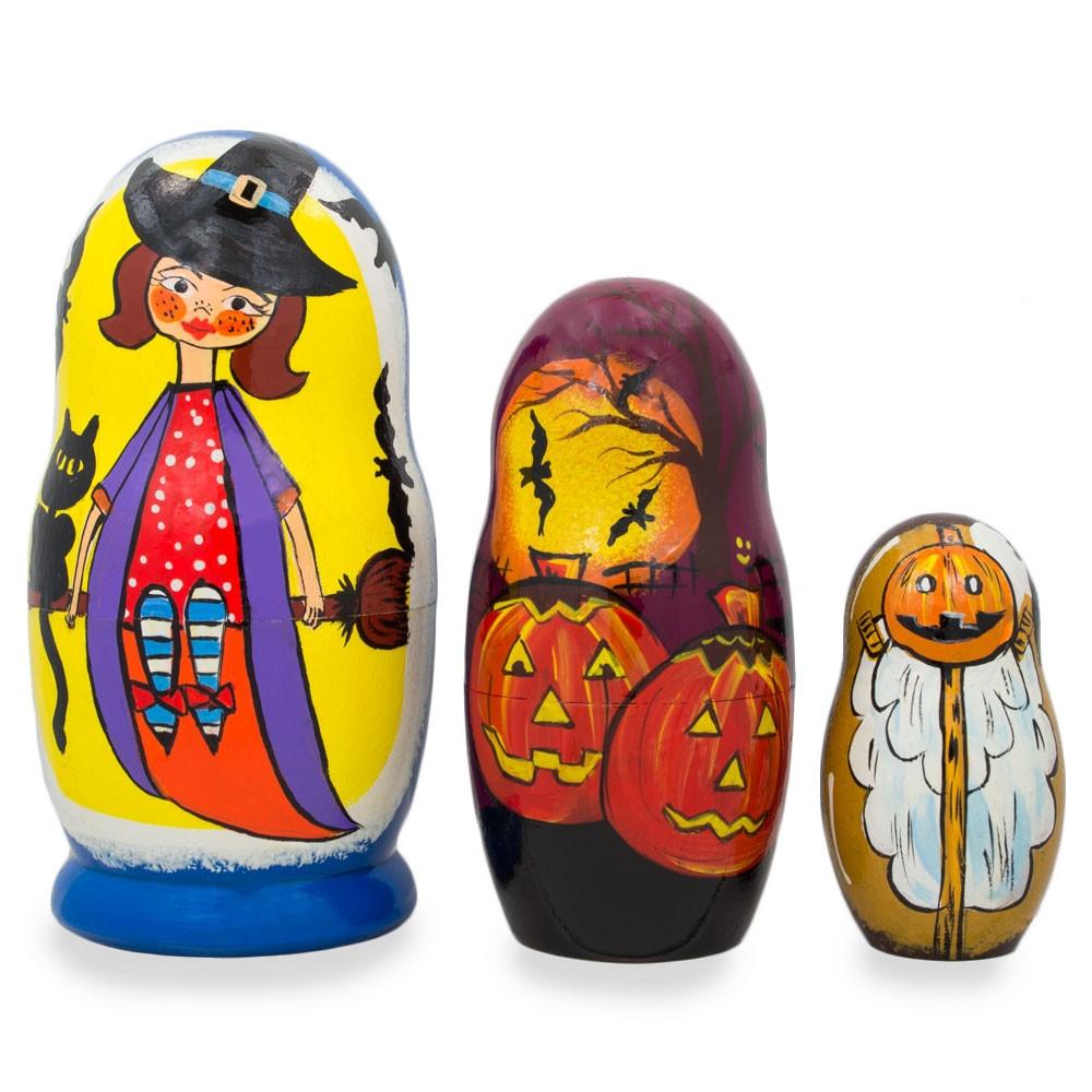 Set of 3 Halloween Witch and Pumpkins Wooden Nesting Dolls 4.25 Inches BestPysanky