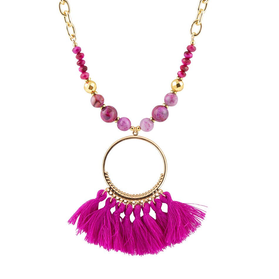 Pink Magenta Dreams Agate Tassel Golden Necklace Barse Jewelry