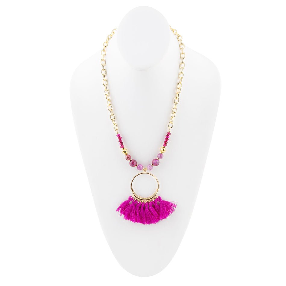 Pink Magenta Dreams Agate Tassel Golden Necklace Barse Jewelry