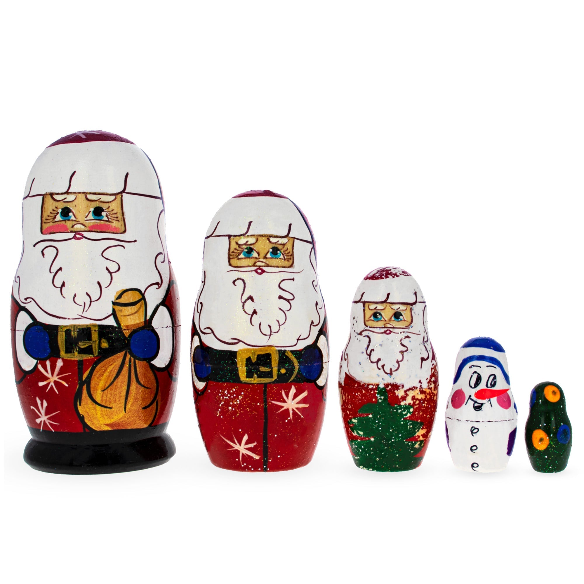 Set of 5 Santa, Snowman and Christmas Tree Wooden Nesting Dolls BestPysanky