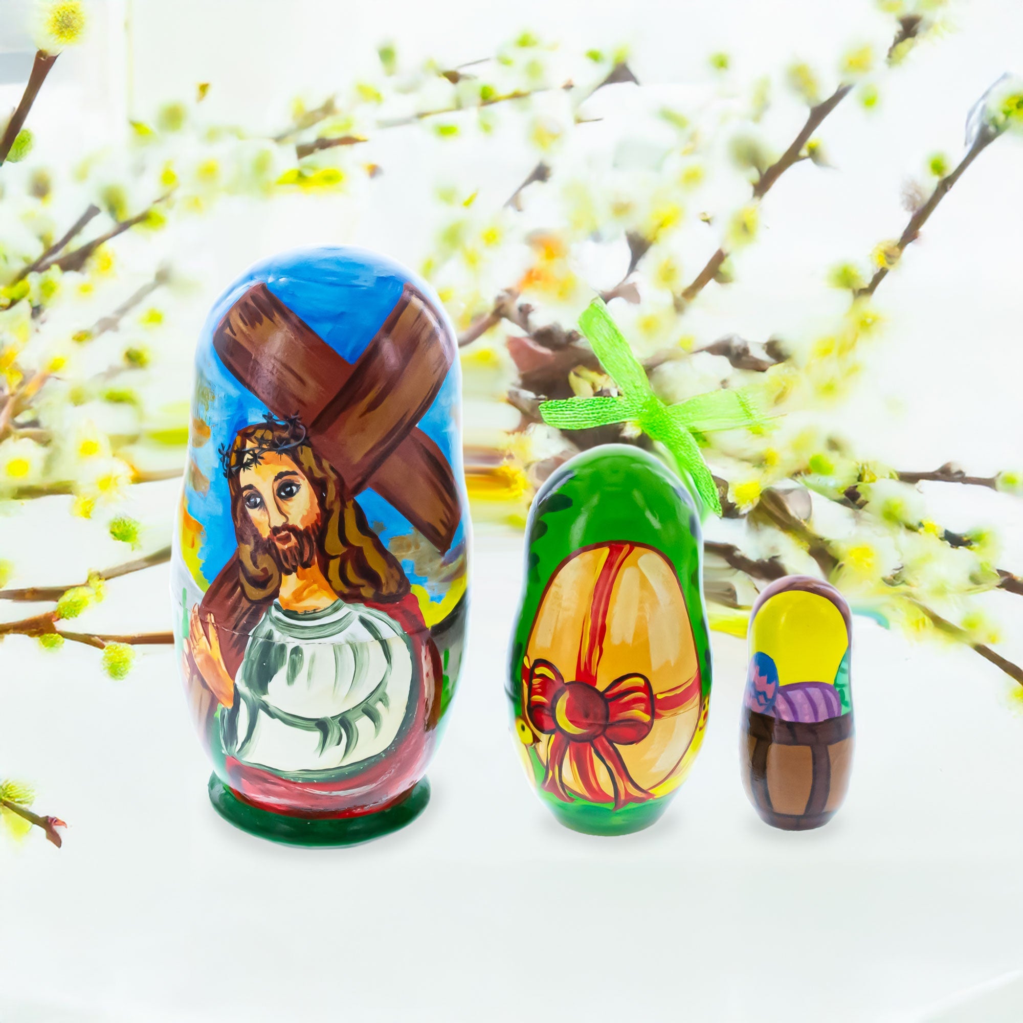 Set of 3 Jesus with Cross, Easter Eggs Wooden Nesting Dolls 4.25 Inches