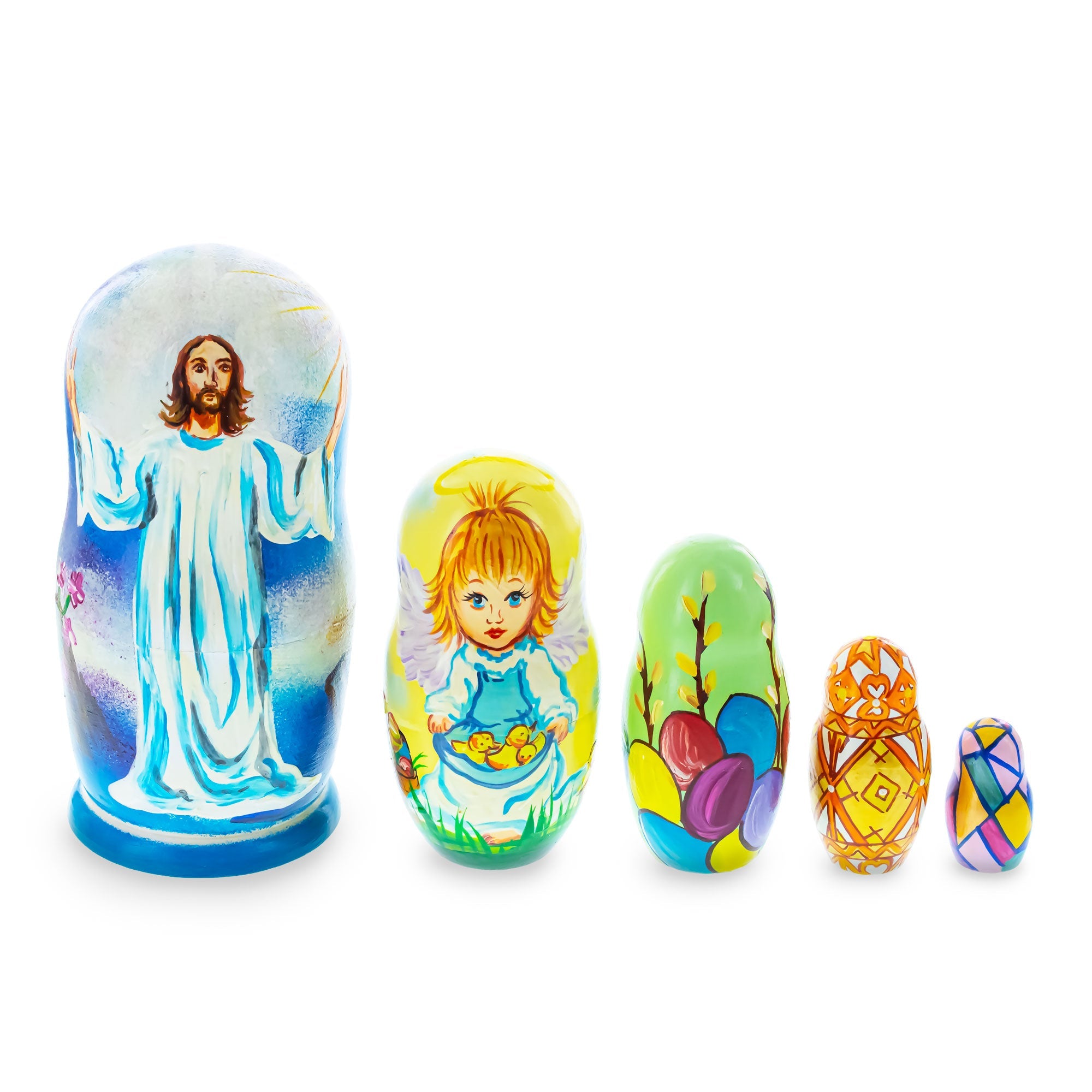 Set of 5 Jesus Christ Rising, Angel and Easter Eggs Wooden Nesting Dolls 6 Inches BestPysanky