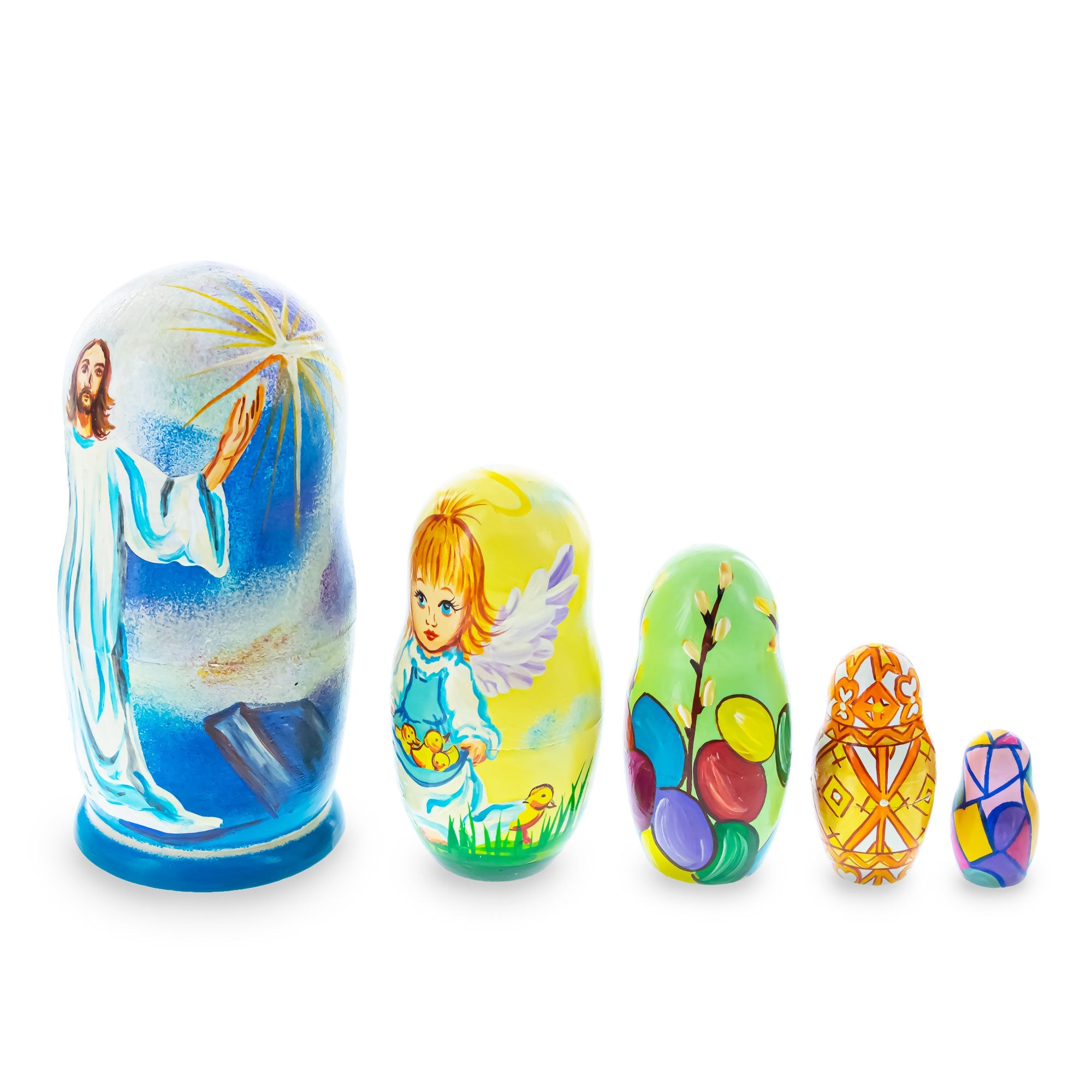 Set of 5 Jesus Christ Rising, Angel and Easter Eggs Wooden Nesting Dolls 6 Inches BestPysanky