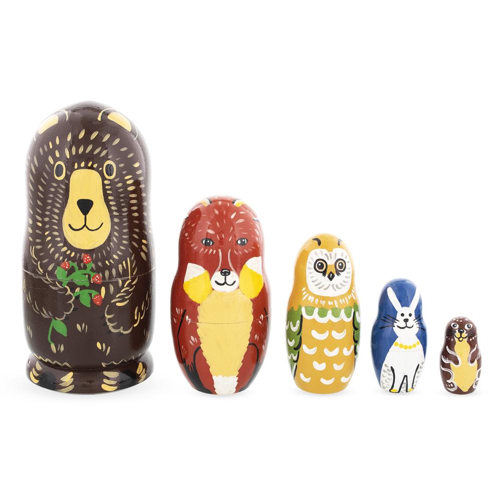 Set of 5 Bear, Fox, Owl, Bunny & Otter Wooden Nesting Dolls 6 Inches