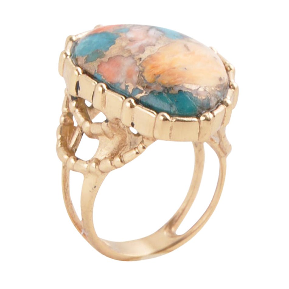 Modern Edge Turquoise and Spiny Oyster Shell Matrix Stone Golden Ring Barse Jewelry