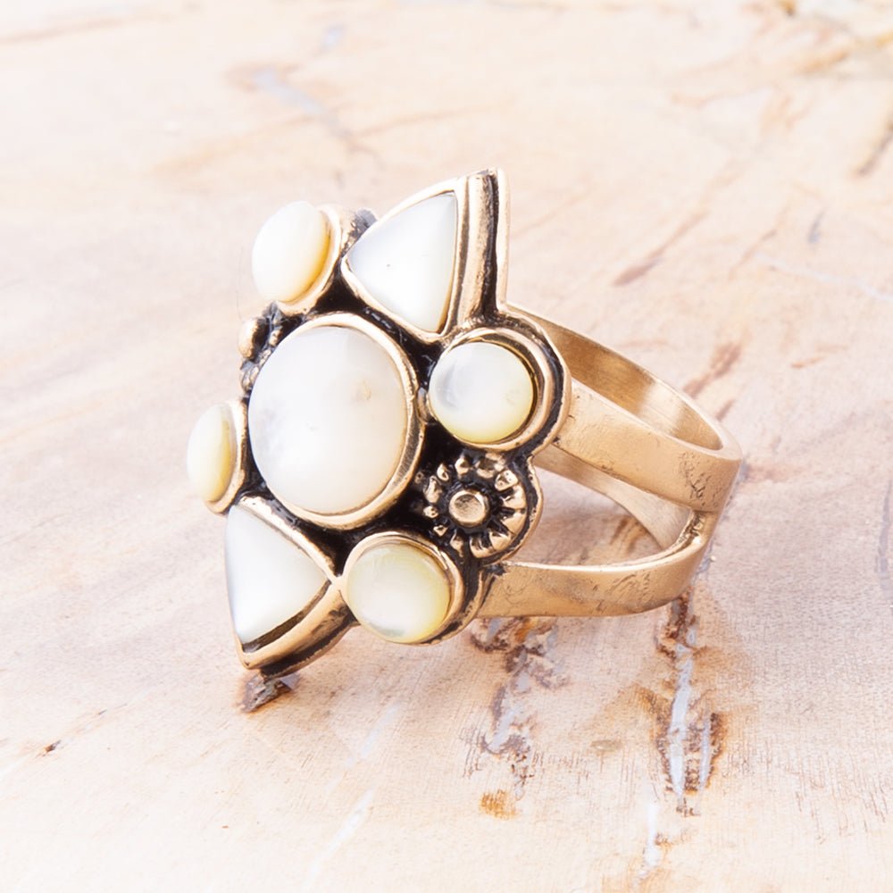 White Mother of Pearl Golden Statement Ring Barse Jewelry